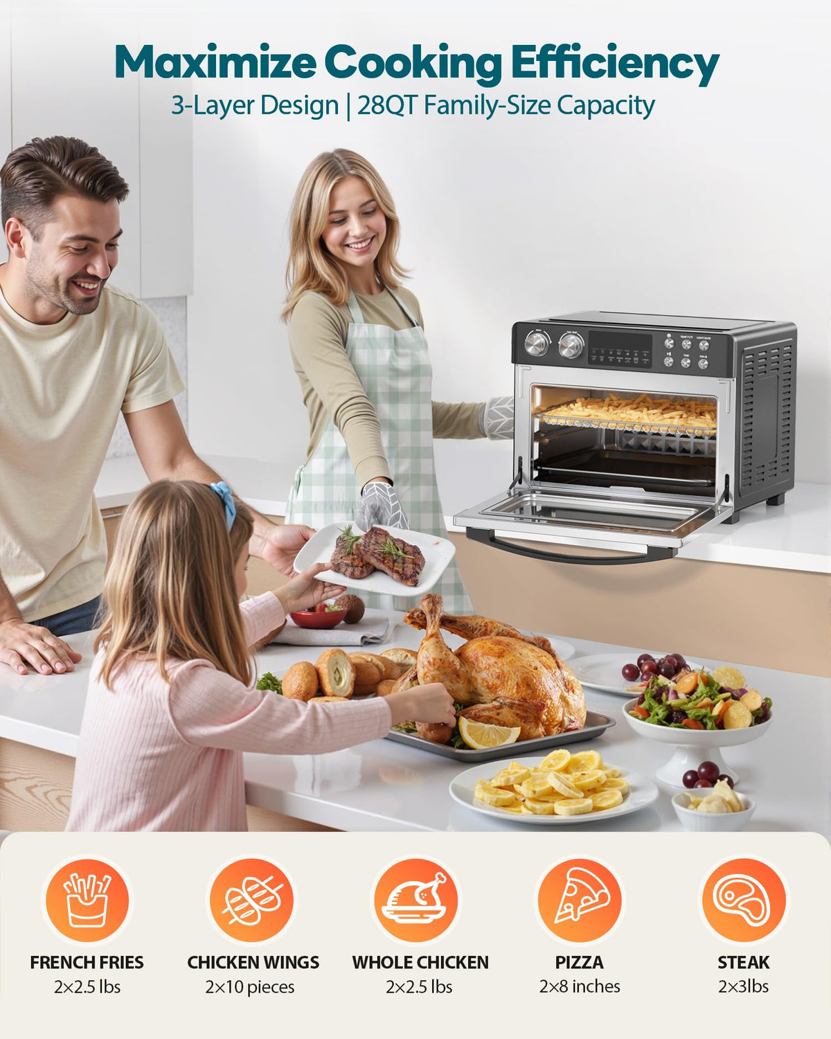 28QT Air Fryer Toaster Oven Combo, Large 12-in-1 Convection Countertop Oven with 3-Layer Cooking, Rotisserie for Chicken, 6 Heating Tubes, Fast