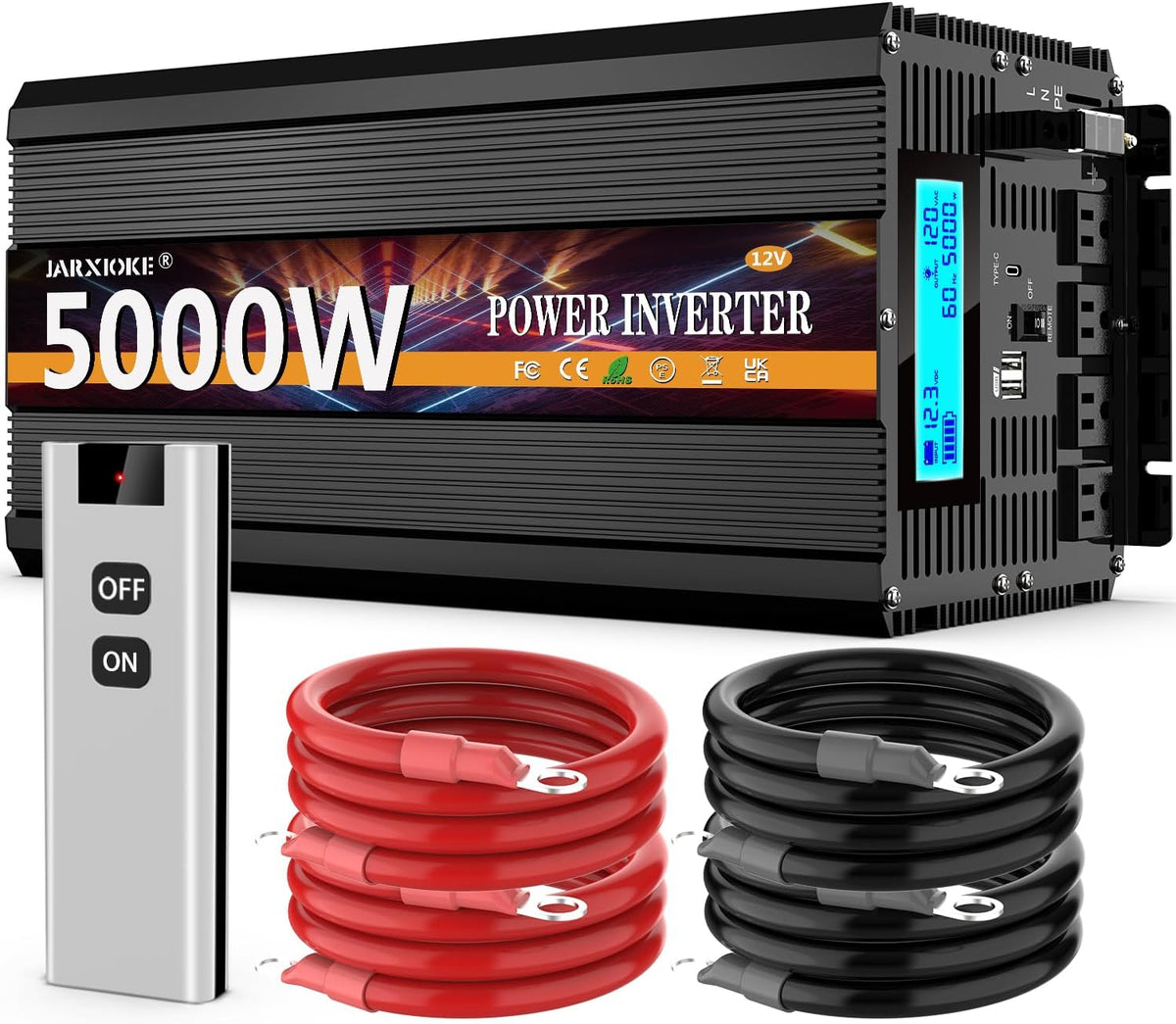 5000 Watt Power Inverter 12V DC to 110V 120V Converter for Family RV Off Grid Solar System Car with Type-C Ports 3 AC Power Outlets Dual USB Ports