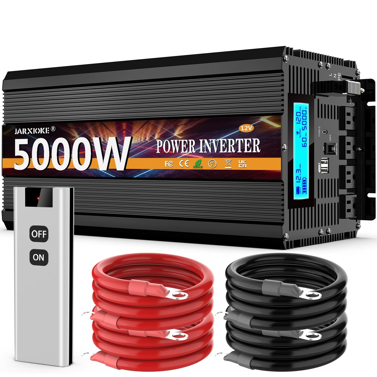 5500 Watt Power Inverter 12V DC to 110V 120V Converter for Family RV Off Grid Solar System Car with Type-C Ports 3 AC Power Outlets Dual USB Ports