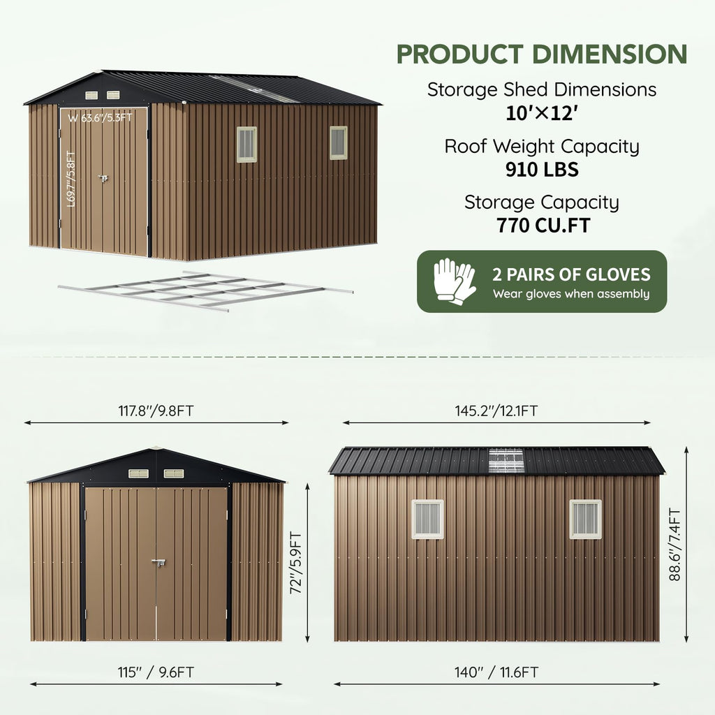 10x10 FT Outdoor Metal Storage Shed, Double Swing Doors, 2 Clear Windows,Tool Shed for Garden, Patio, Backyard Nightblue
