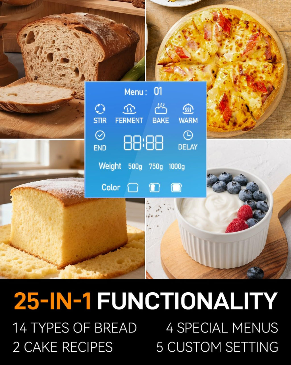 25-IN-1 Bread Maker with Recipes | 2lb Automatic Bread Machine with Visible Lid, Auto Nut Dispenser, One-Touch Control & 13-Hour Delay Timer C Easy