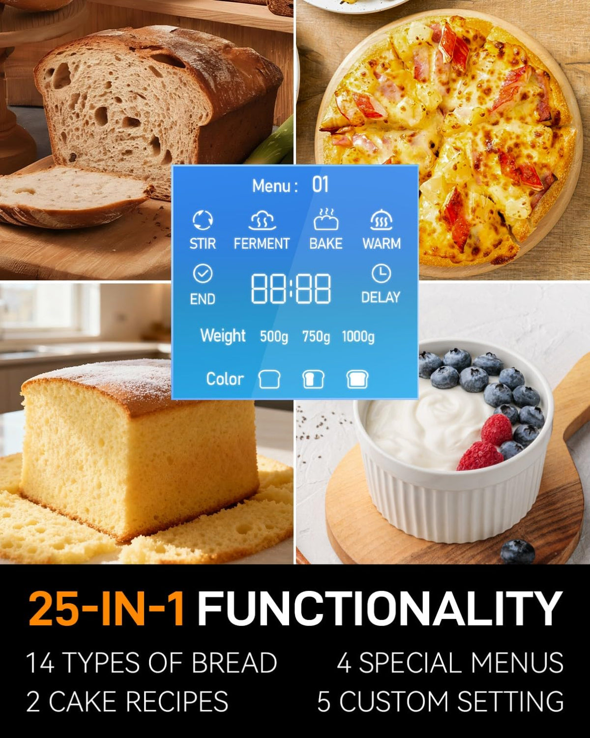 25-IN-1 Bread Maker with Recipes | 2lb Automatic Bread Machine with Visible Lid, Auto Nut Dispenser, One-Touch Control & 13-Hour Delay Timer C Easy