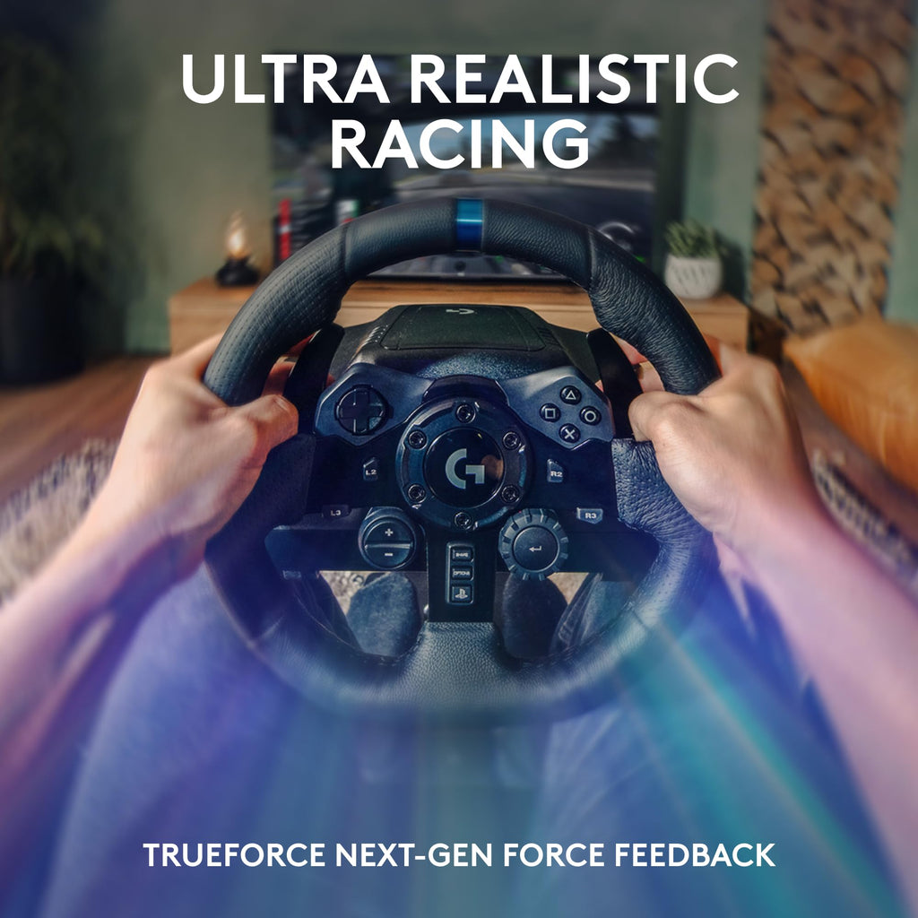 Logitech G923 Racing Wheel and Pedals, TRUEFORCE up to 1000 Hz Force Feedback, Gaming Steering Wheel PS5, PS4, PC, Mac, Genuine Leather- Black