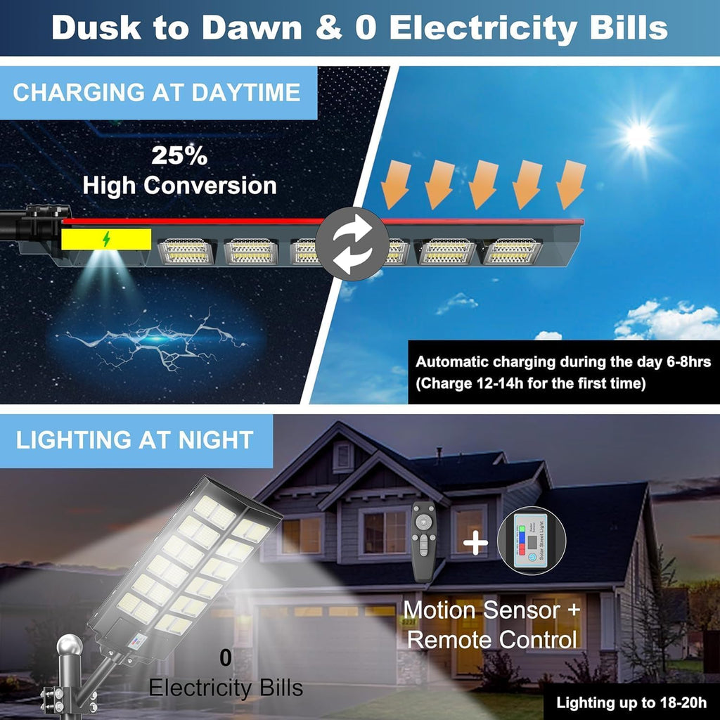 Solar Street Lights Outdoor Waterproof Dusk to Dawn, Large 9000W Outdoor Floodlight LED Motion Sensor, 7000K Wide Angle Parking Lot Flood Lamp Remote