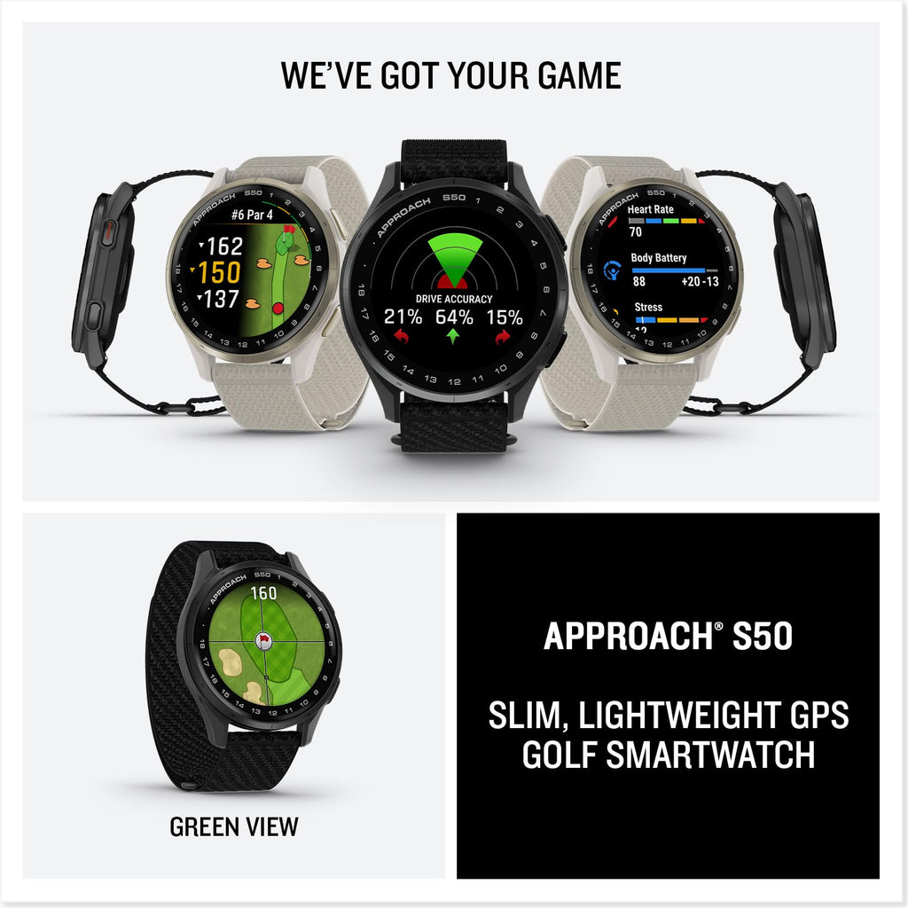 Garmin Approach® S44, Essential Golf GPS Smartwatch, AMOLED Display, On-Course Features, Silver Aluminum Bezel with Black Silicone Band