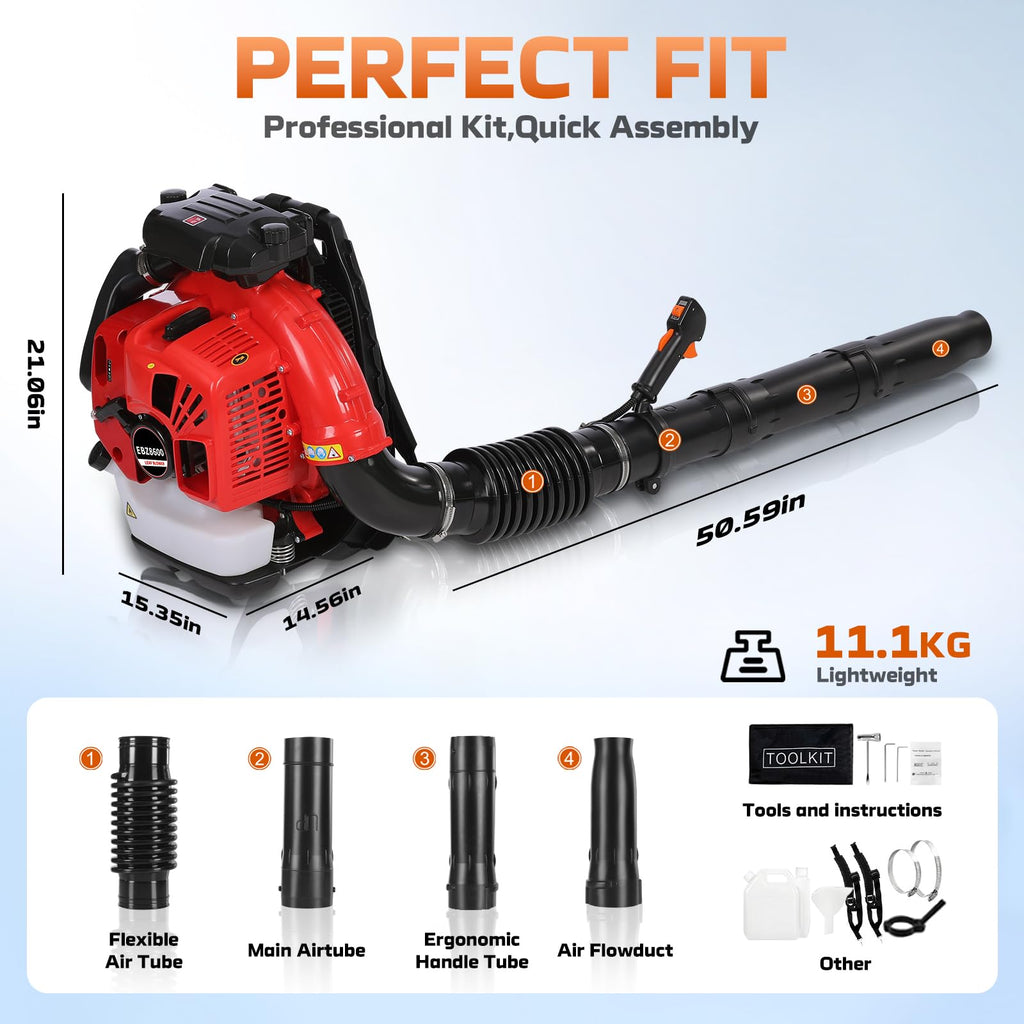 80cc Gas Backpack Leaf Blower, 900CFM 206MPH 2-Stroke Engine, Heavy-Duty Leaf & Snow Blower for Lawn, Garden & Commercial Use (853 EZ)