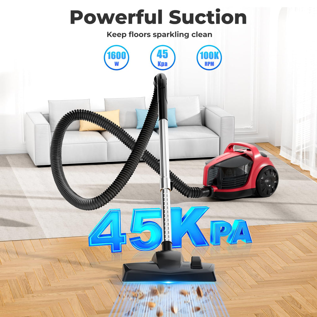 1600W Canister Vacuum Cleaner, Bagless Vacuum Cleaner with 45kPa Strong Suction, 4L Large Dust Cup, Variable Speed Control, 5 Tools, Lightweight