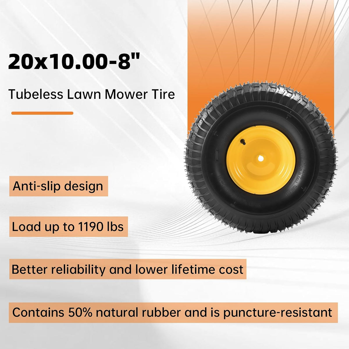 2-Pack 20x10.00-8 Tubeless Lawn Mower Rear Tire and Wheel Assembly, 4-Ply.