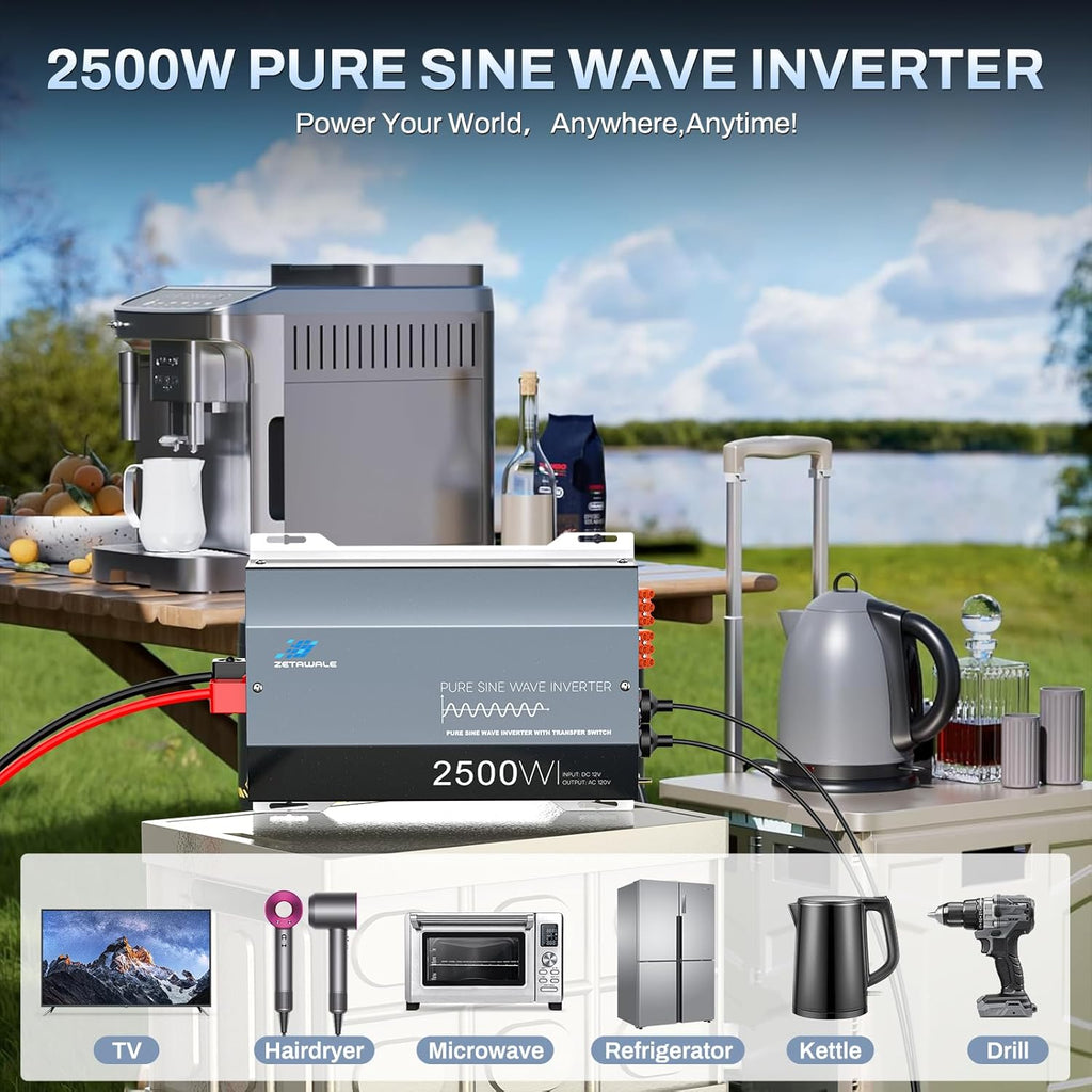 2500 Watt Pure Sine Wave Inverter with Auto Transfer Switch,12V DC to 110V 120V AC Converter,5000W Peak Power with 2 AC Outlets,USB Port,Tyep-C
