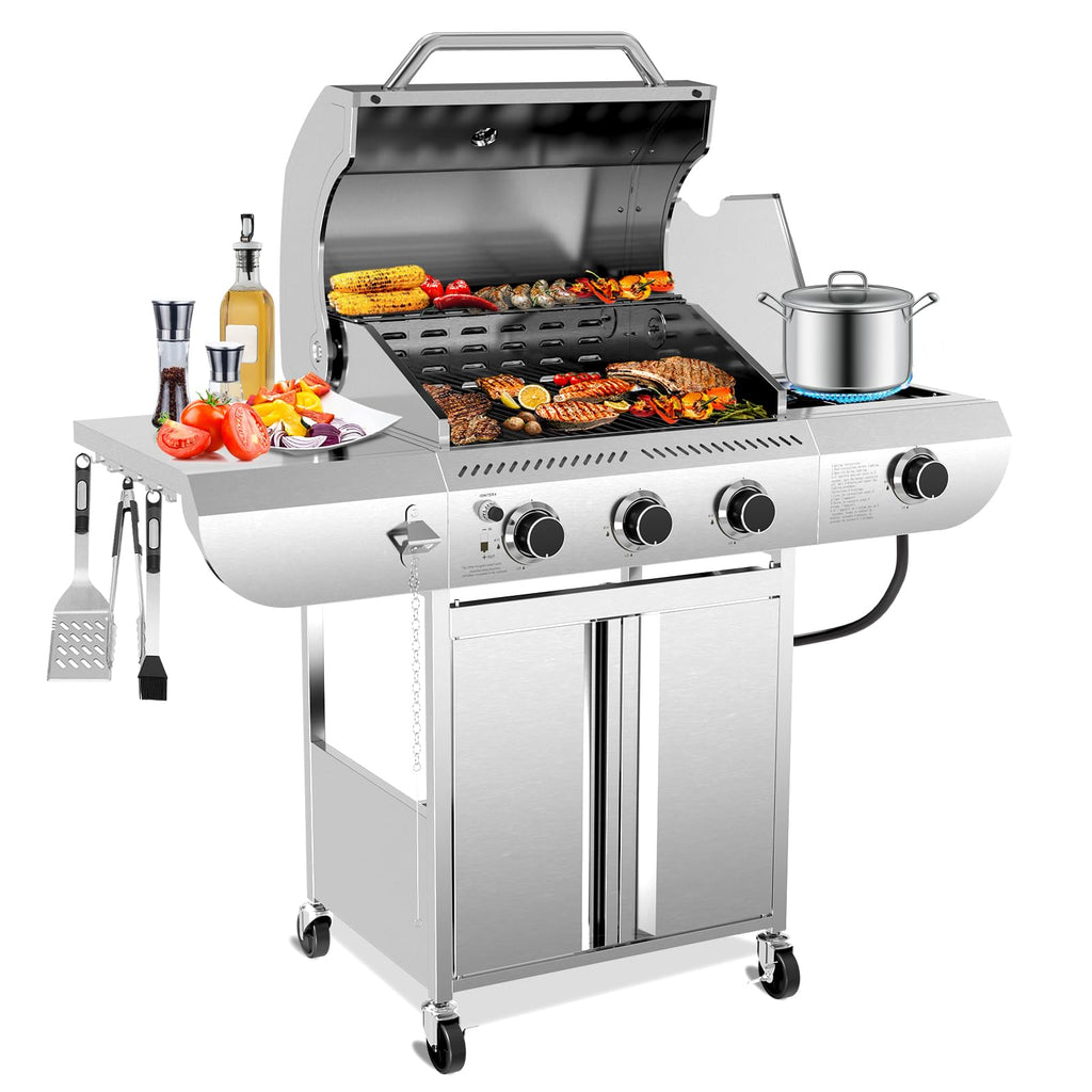 3-Burner Propane Gas Grill with Side Burner C 34,000 BTU Stainless Steel Outdoor BBQ Grill, Cast Iron Grates, Portable with Wheels for Patio, Camping