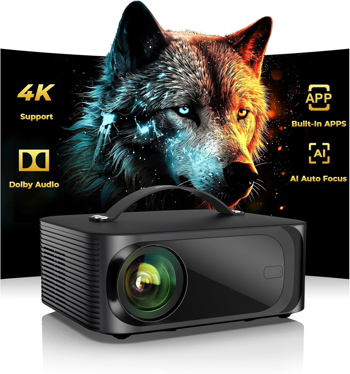 [1500 ANSI/Auto Focus/Built-in APPs] Outdoor-Projector-4K with Wifi6 and Bluetooth, Smart TV OS & DoIby Audio, Portable Projector with YouTube