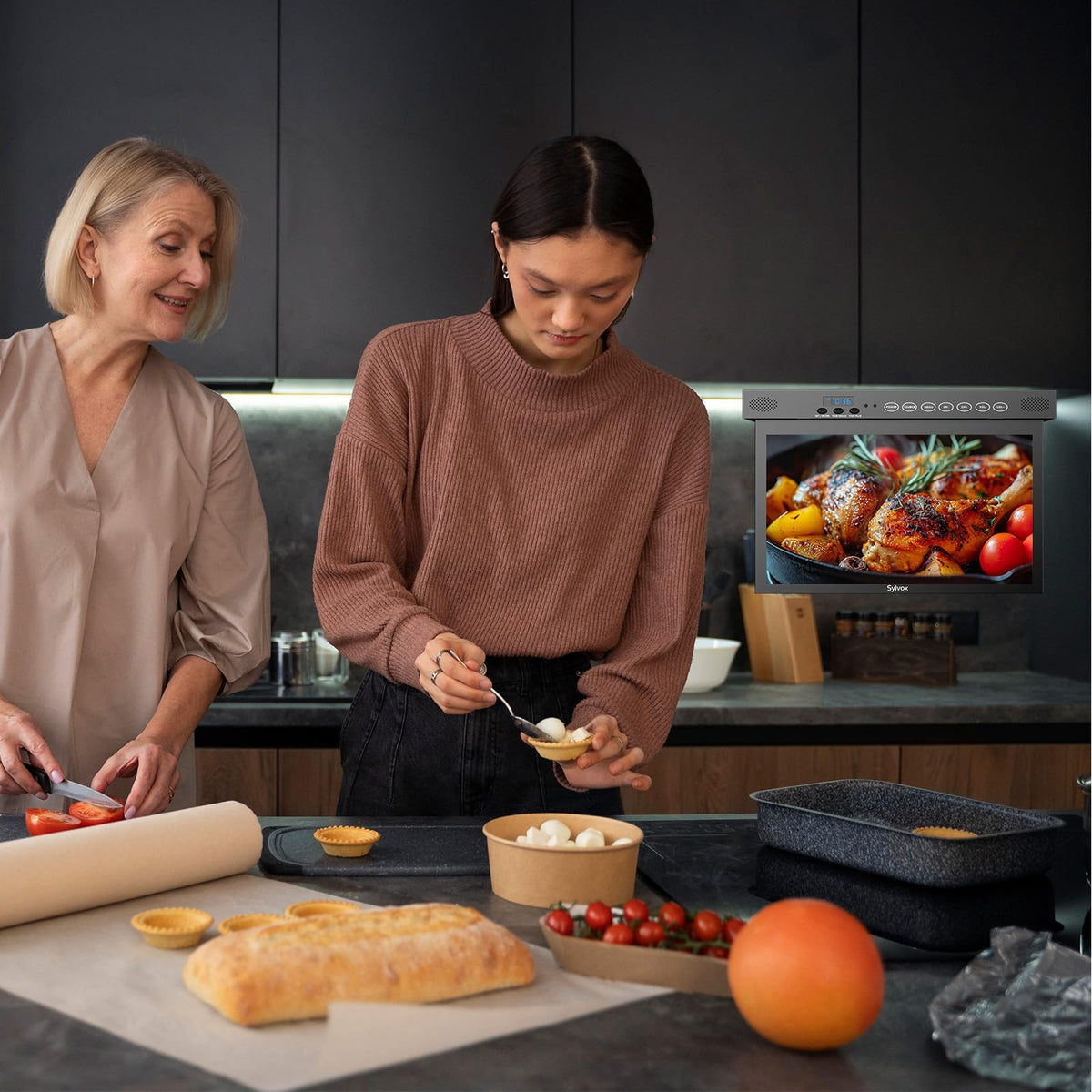SYLVOX 15.6" Under Cabinet Smart TV C 360 Rotation, 90 Flip-Down Screen, Wireless Connectivity, Space-Saving Design for Kitchen, Bedroom, or RV.