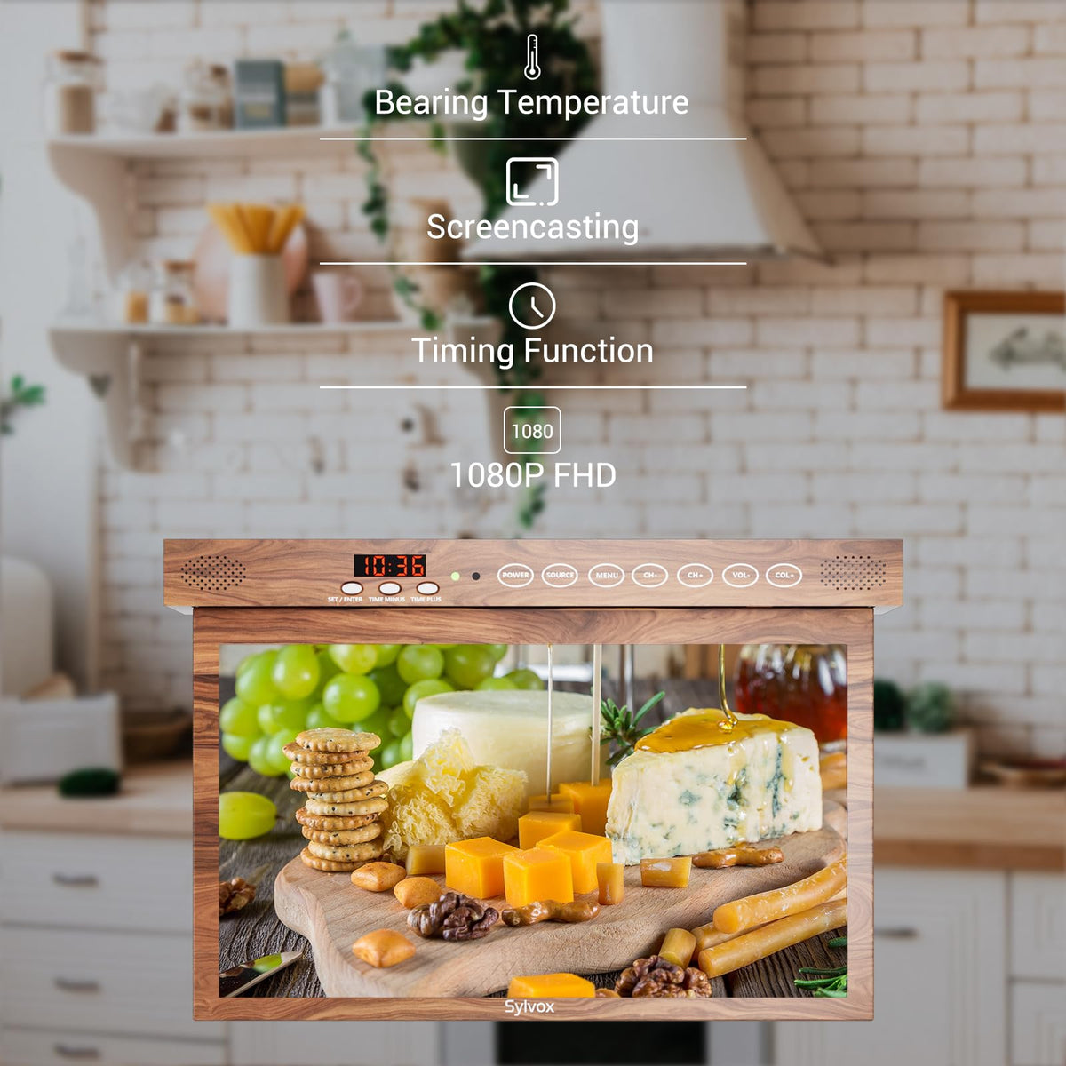 SYLVOX 15.6" Kitchen TV, 1080P FHD Under Cabinet TV with App Store, Voice Assistant, Chromecast, 12-Volt for Small Spaces, Kitchen, Bedroom, RV