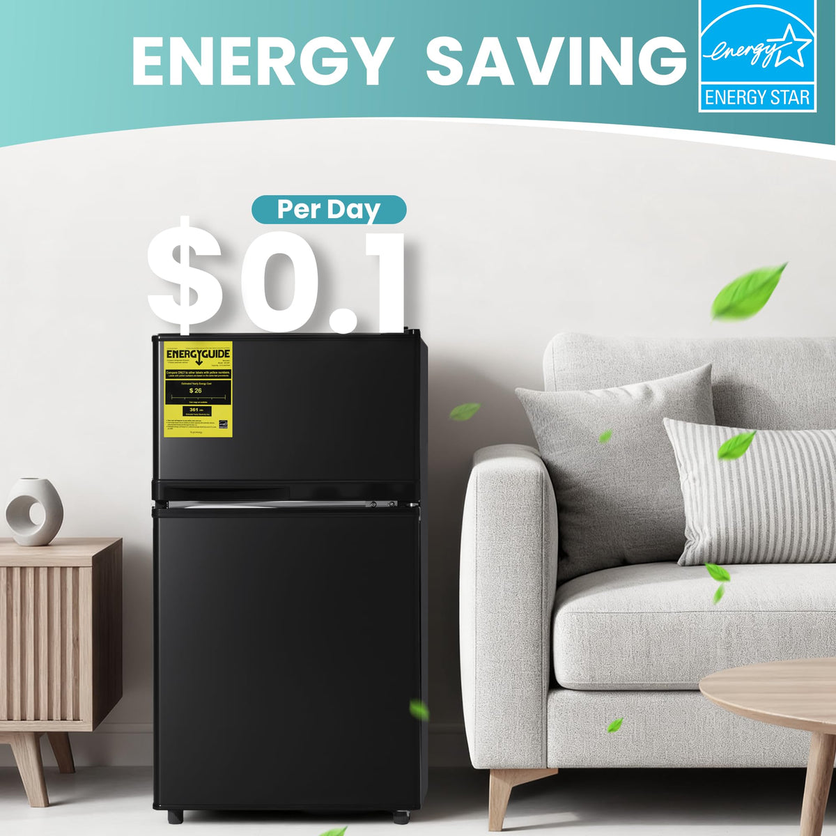 Double Door Refrigerator with Freezer, 3.5 Cu.Ft, Small Fridge with Freezer, 7 Settings Temperature Adjustable, Mini Refrigerator for Office Dorm