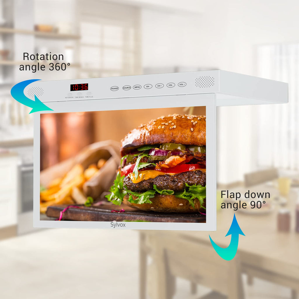 SYLVOX 15.6" Kitchen TV, 1080P FHD Under Cabinet TV with App Store, Voice Assistant, Chromecast, 12-Volt for Small Spaces, Kitchen, Bedroom, RV