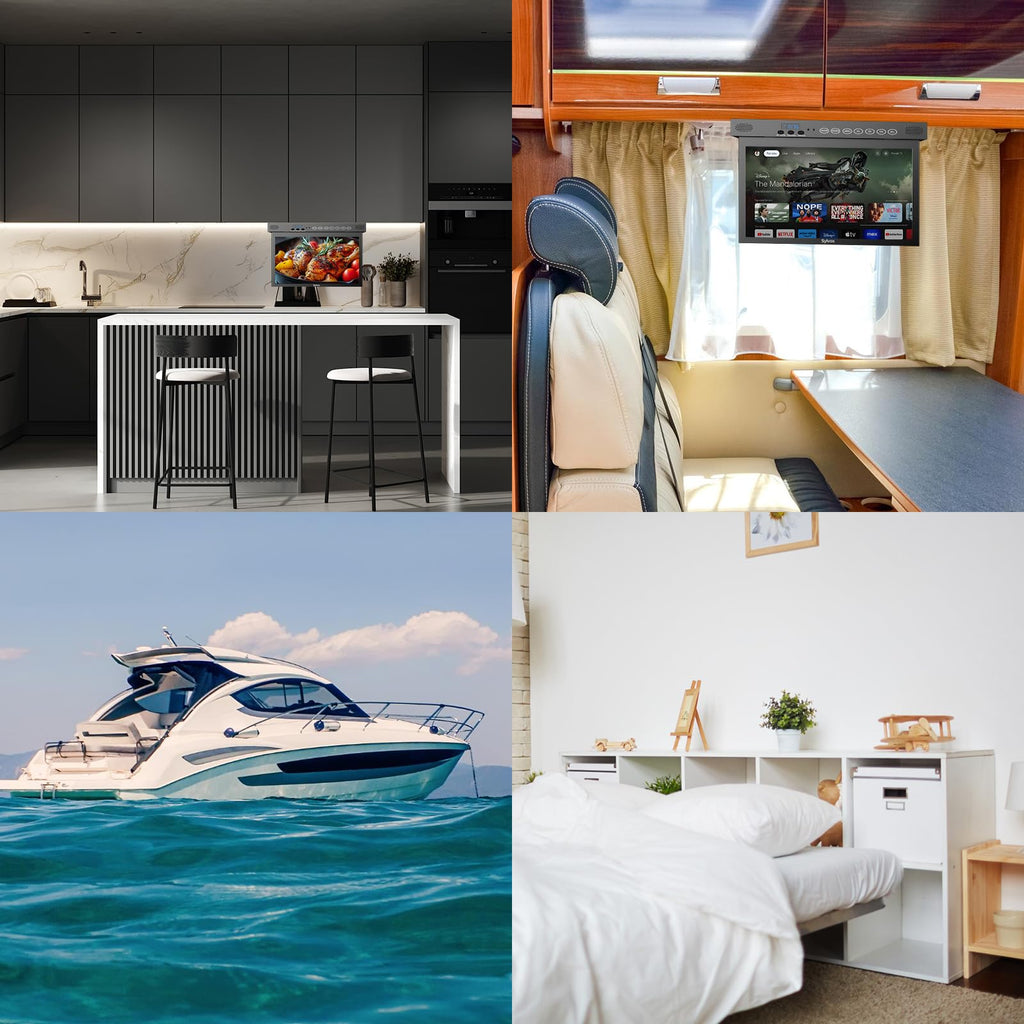 SYLVOX 15.6" Under Cabinet Smart TV C 360 Rotation, 90 Flip-Down Screen, Wireless Connectivity, Space-Saving Design for Kitchen, Bedroom, or RV.
