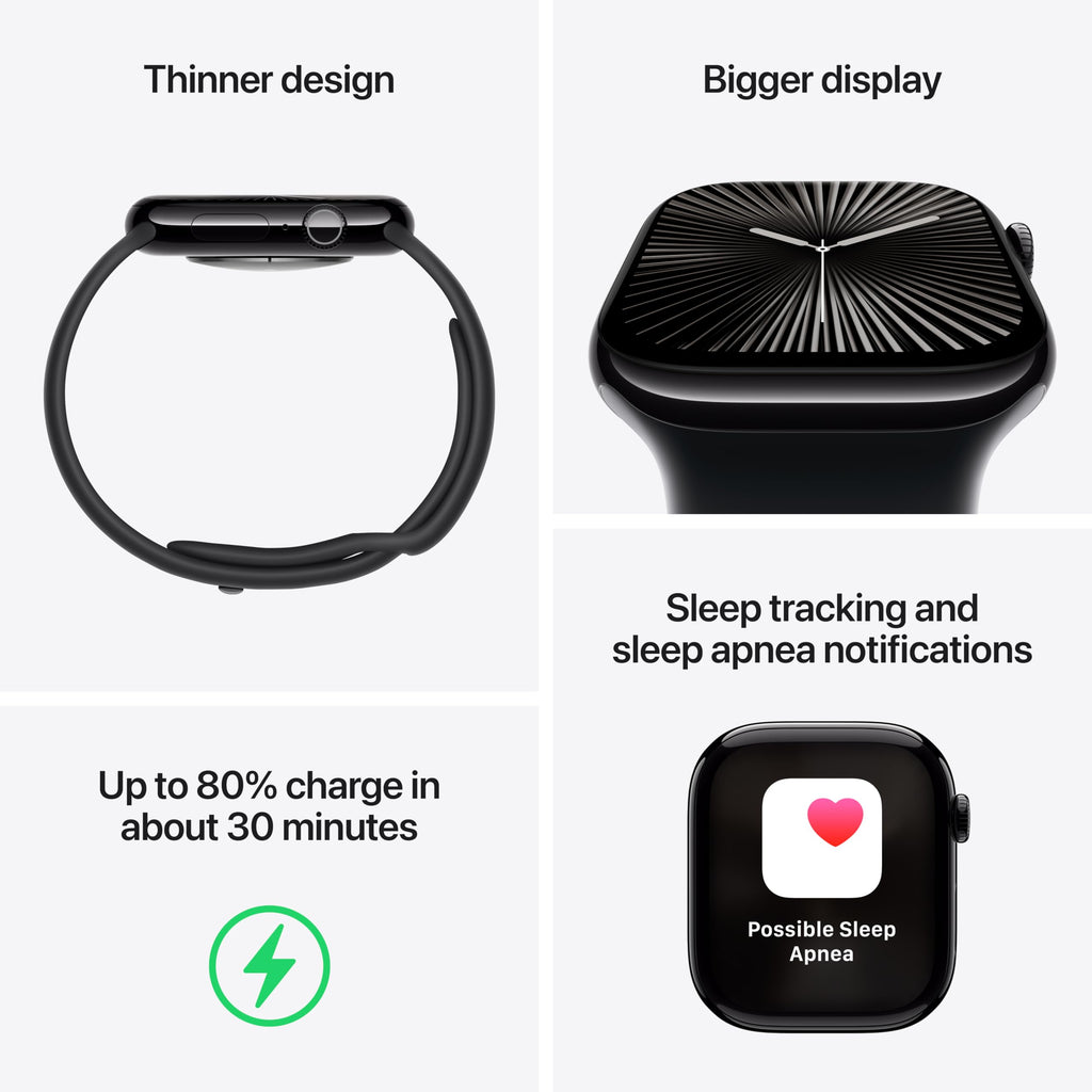 Apple Watch Series 10 [GPS 46mm case] Smartwatch with Jet Black Aluminum Case with Black Sport Band - M/L. Fitness Tracker, ECG App, Always-On Retina