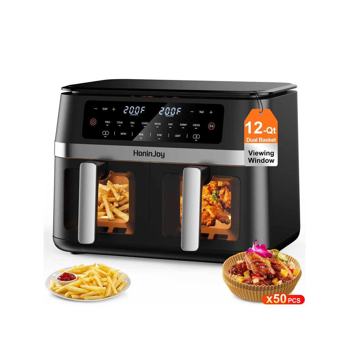 12QT Large Dual Basket Air Fryer with Viewing Window and 50pcs Paper Liners, 10-in-1 Digital Touchscreen Double Zone Air Fryers, SyncCook to Bake