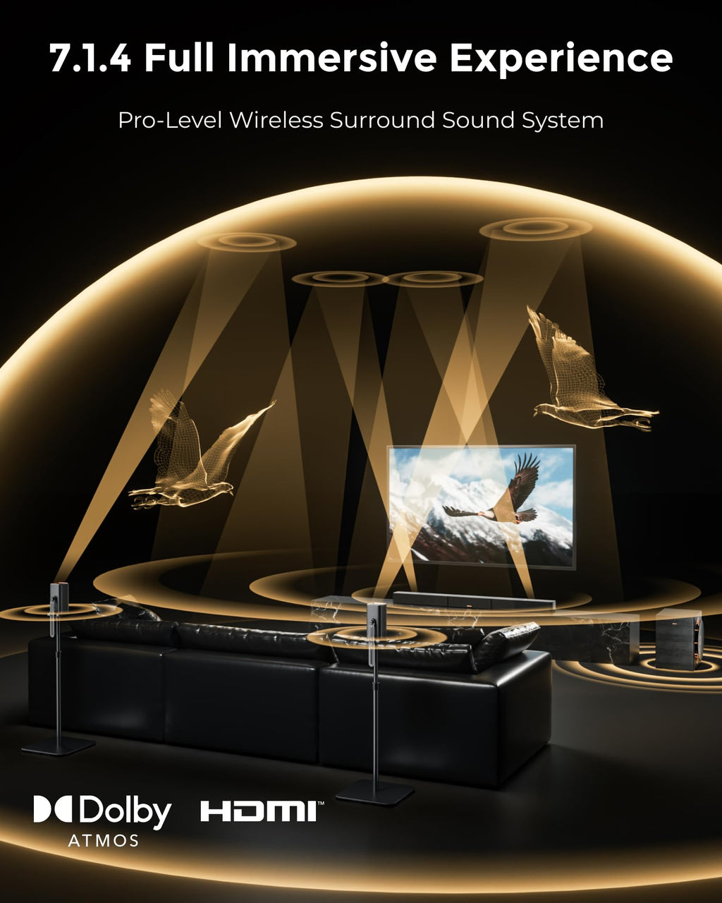 ULTIMEA Skywave X50 5.1.4ch Wireless Surround Sound System for TV, 760W Professional Sound Bar w/Dolby Atmos, 2 Wireless Surround Speakers & 8"