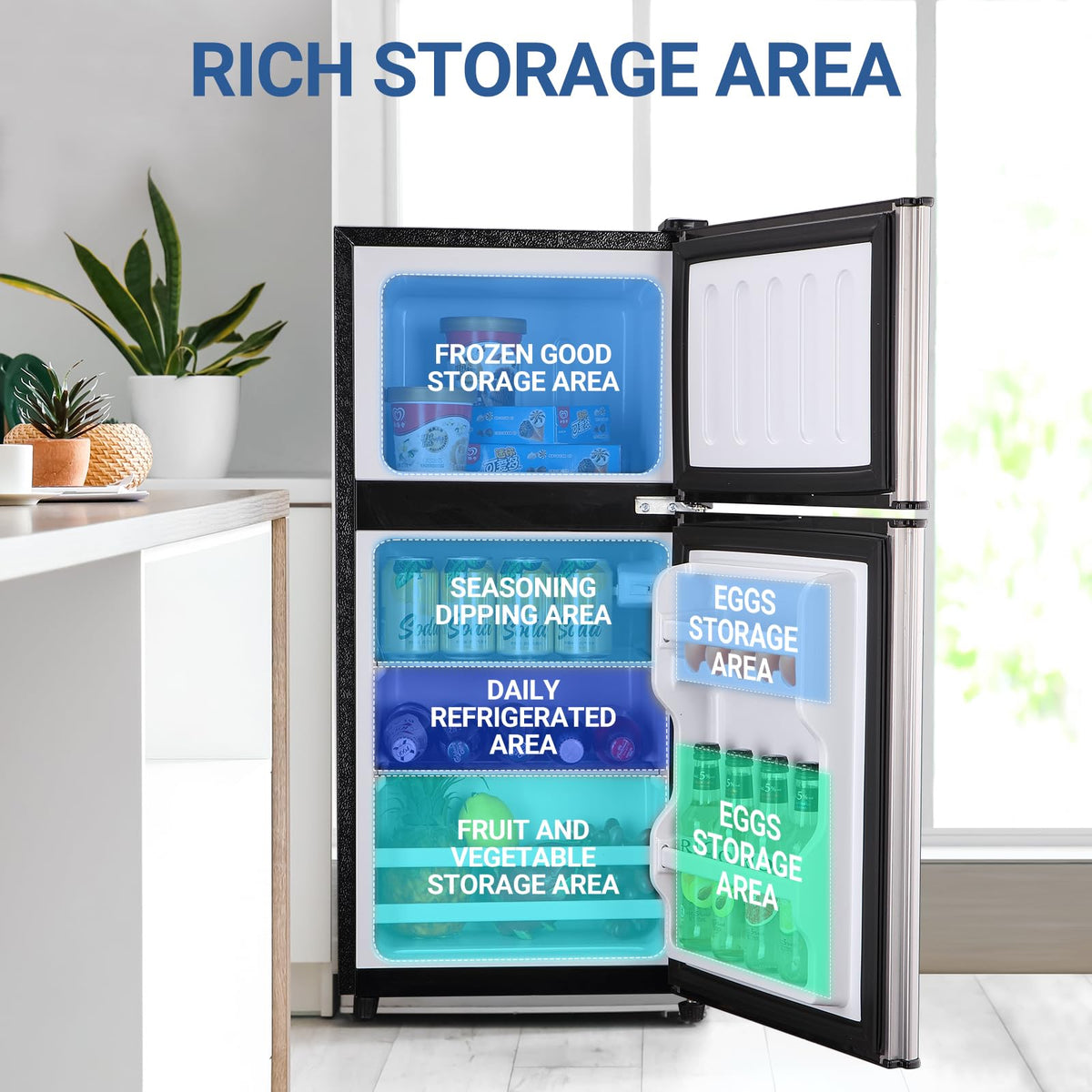 3.3 Cu. Ft. Mini Fridge with Freezer, Compact Refrigerator with Adjustable 7-Level Thermostat, Dorm Fridge for Kichen, RV, Office, Apartment, Black