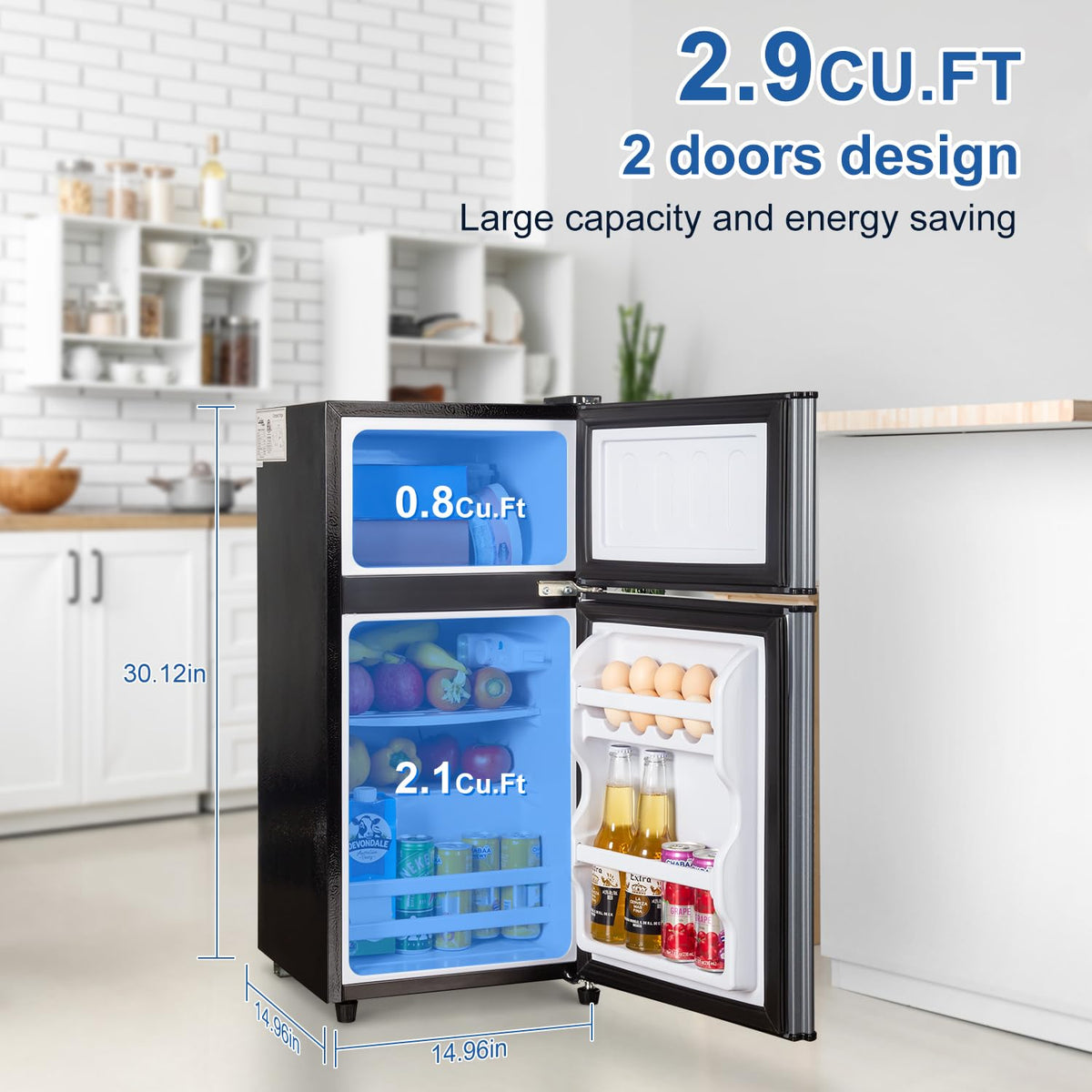 2.9 Cu.Ft Compact Double Door Mini Fridge - Top Freezer & Bottom Refrigerator | Energy Save,7-Level Precision Cooling | Ideal for Dorm, Bedroom