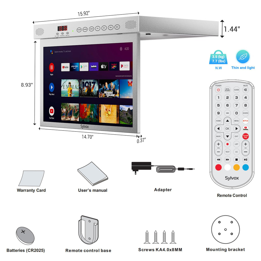 SYLVOX 15.6" Under Cabinet Smart TV C 360 Rotation, 90 Flip-Down Screen, Wireless Connectivity, Space-Saving Design for Kitchen, Bedroom, or RV.