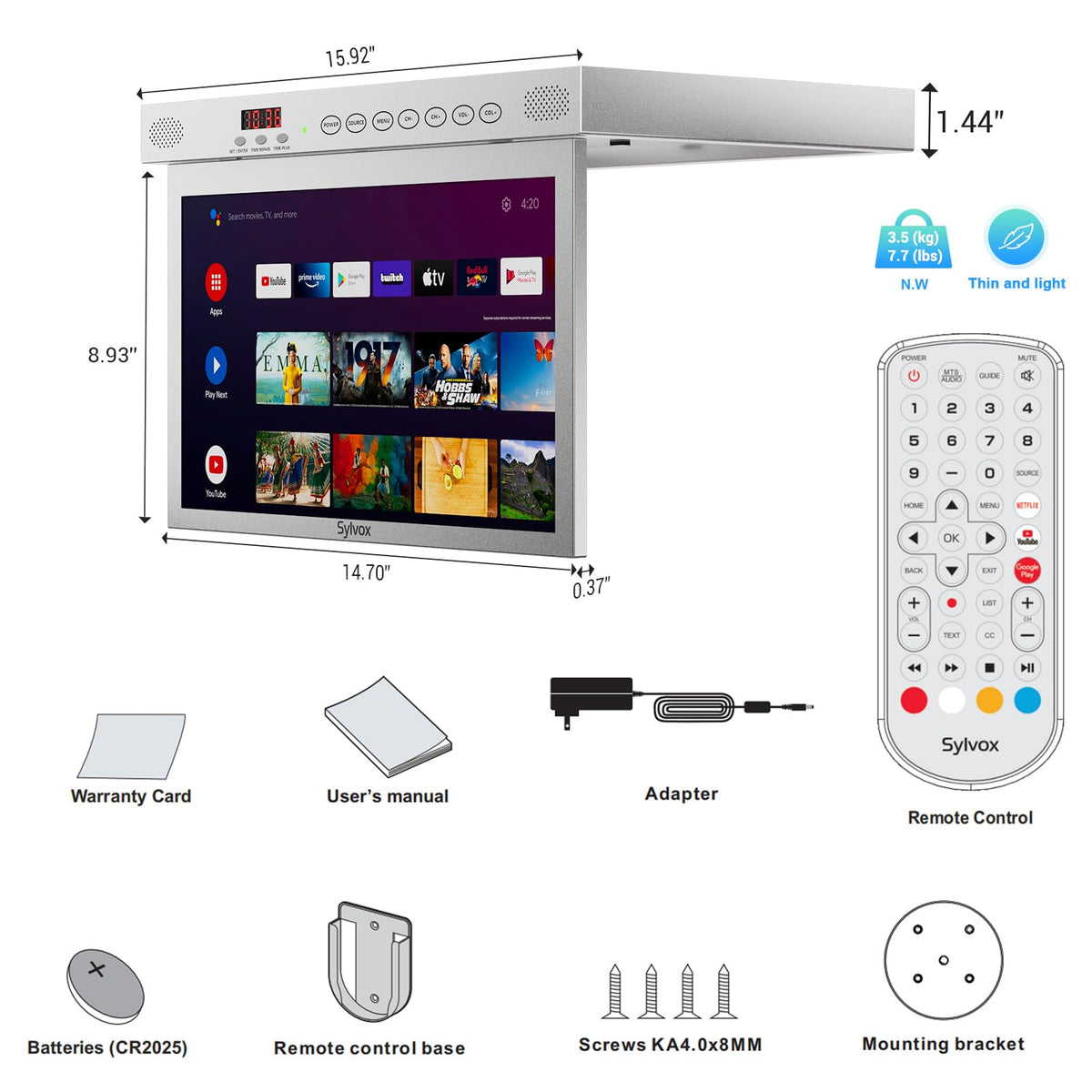 SYLVOX 15.6" Under Cabinet Smart TV C 360 Rotation, 90 Flip-Down Screen, Wireless Connectivity, Space-Saving Design for Kitchen, Bedroom, or RV.