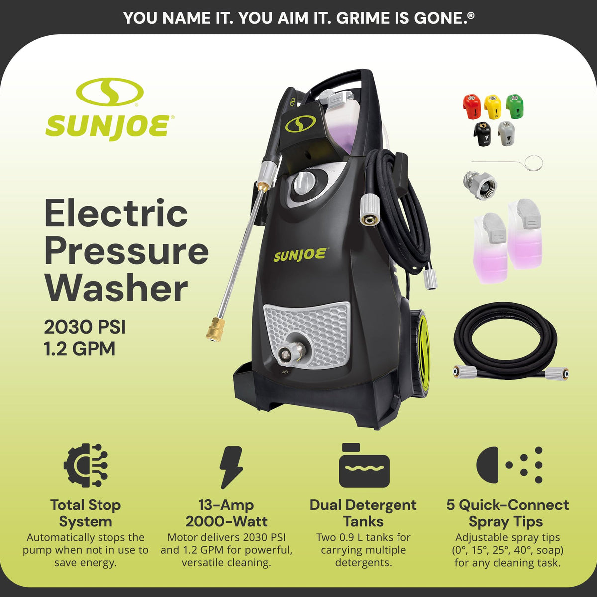 Sun Joe SPX3000-XT1 XTREAM 2,500 PSI Pressure Washer with 14.9A Motor, Includes 4 Quick-Connect Nozzles, High-Pressure Hose, Garden Hose Adapter, and