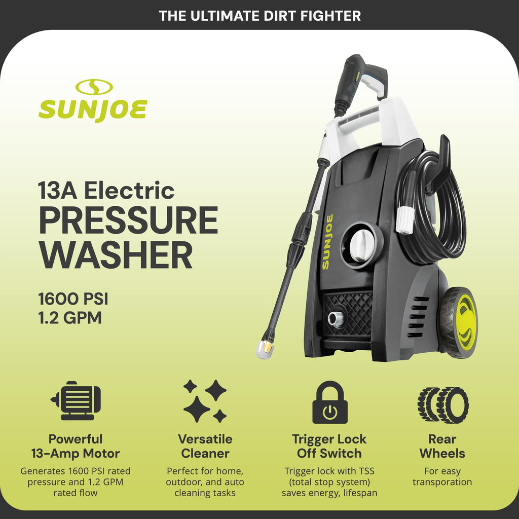 Sun Joe SPX3000-XT1 XTREAM 2,500 PSI Pressure Washer with 14.9A Motor, Includes 4 Quick-Connect Nozzles, High-Pressure Hose, Garden Hose Adapter, and