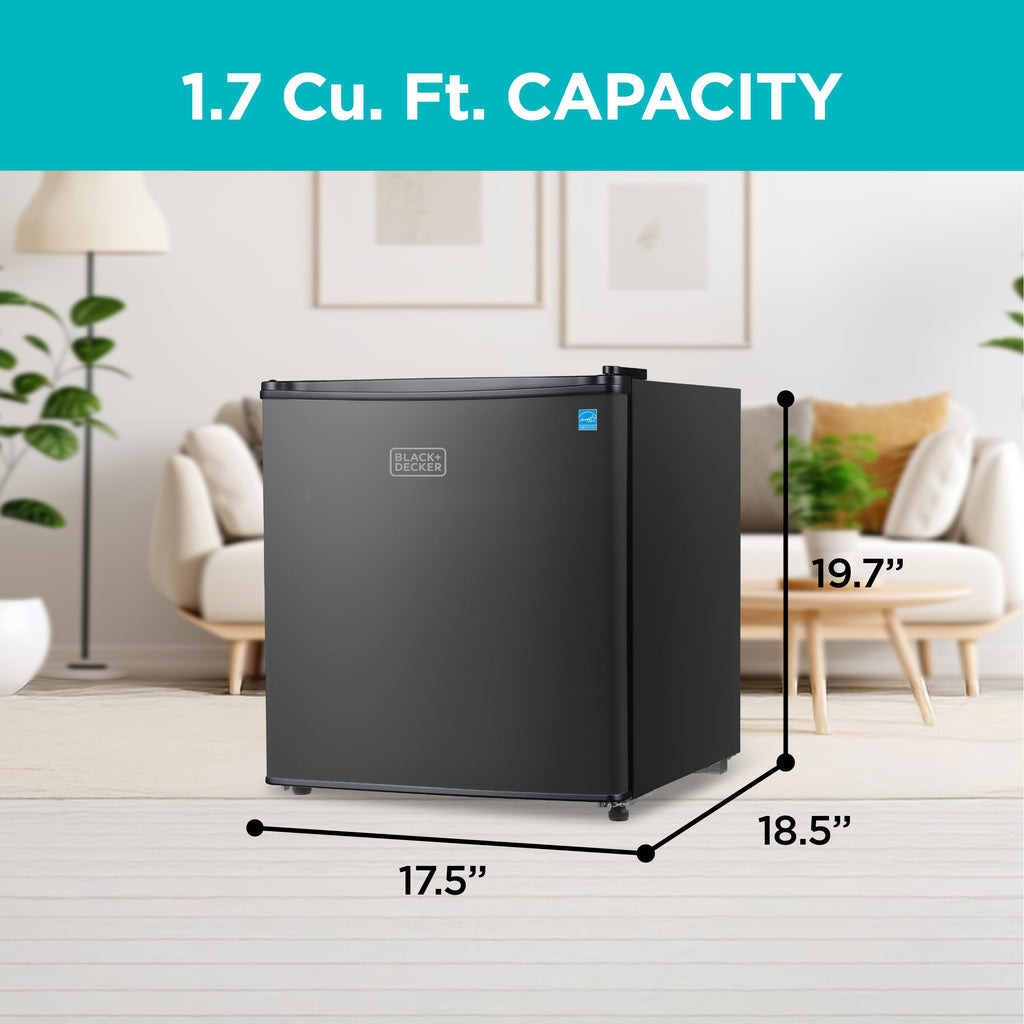 BLACK+DECKER 1.7 Cu. Ft. Compact Refrigerator, ENERGY STAR Certified, Single Door Mini Fridge with Chiller Compartment, Personal Fridge for Home or