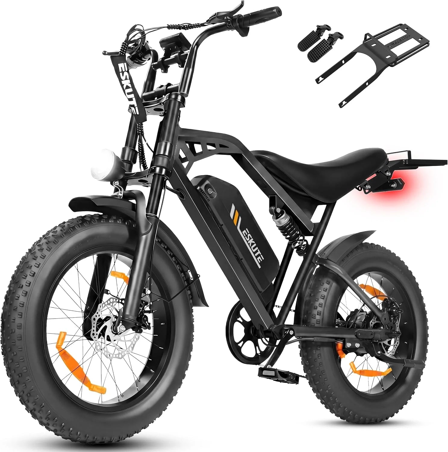 ESKUTE V202 Elektrische fiets voor volwassenen, Fat Bike 20 x 4.0 met afneembare accu 48 V 20,8 Ah, e-bike all-terrain, 7 versnellingen, mechanische schijfremmen(Zwart/Voetsteunen + Achterverlenging)