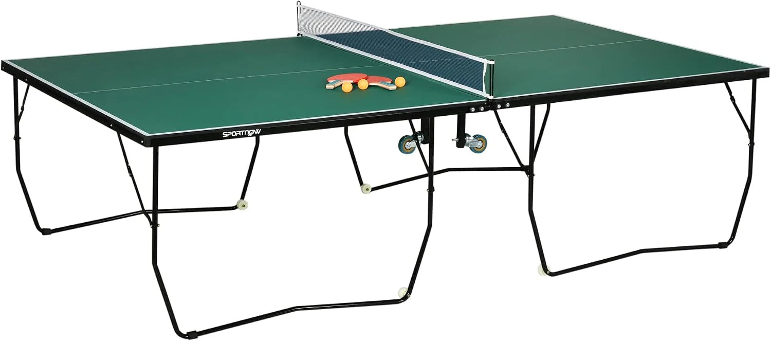 Indoor tafeltennistafel inklapbaar met wielen, tafeltennistafel set incl. net, 2 batjes en 3 ballen, standaardformaat 274x152x76 cm, MDF plaat, stalen frame(Groen)