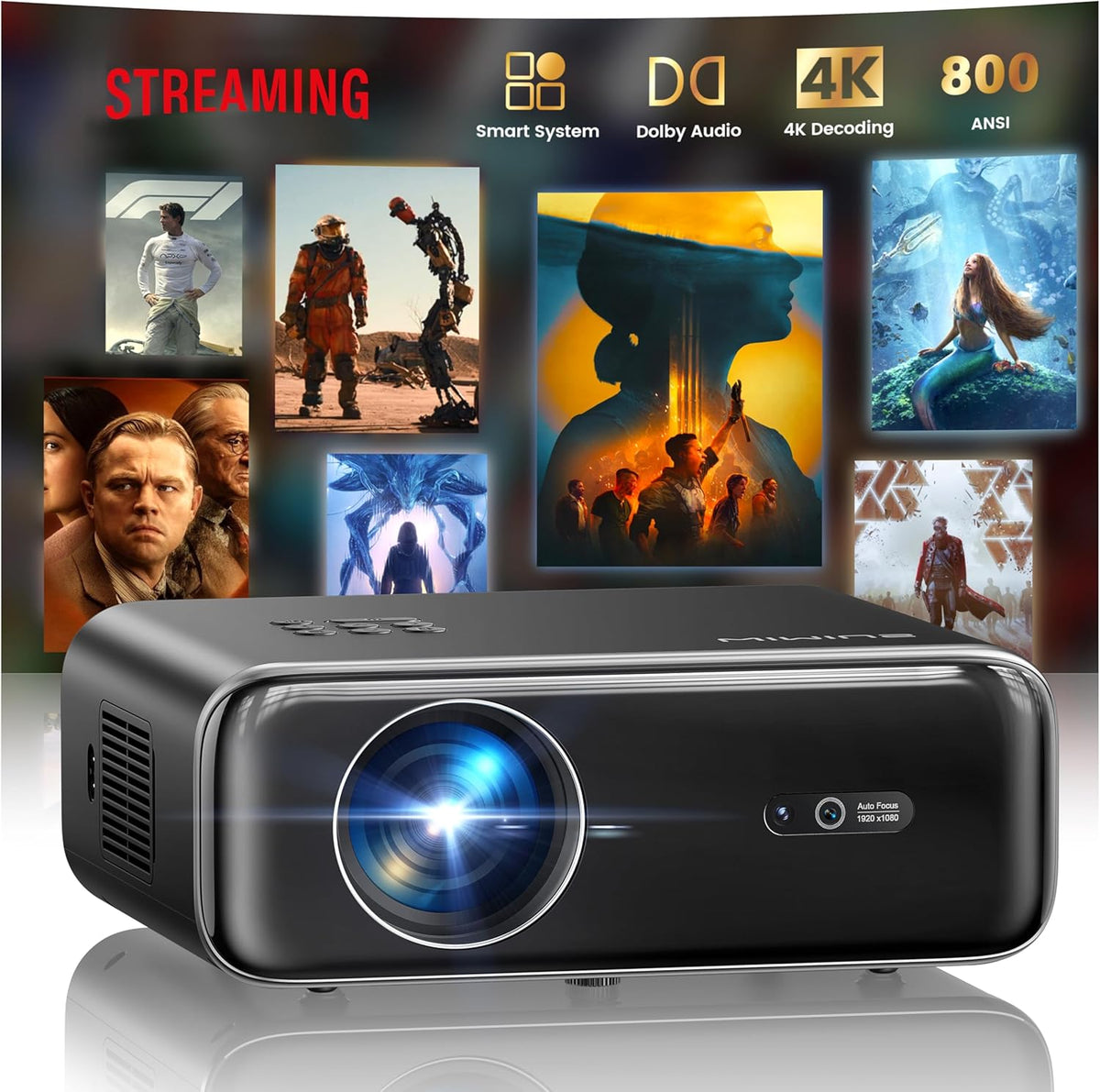 [Built-in Official Apps/4K Support] Smart Outdoor Projector with WiFi and Bluetooth, 800ANSI Movie Projector, DoIby Audio with Dual Speaker, Auto