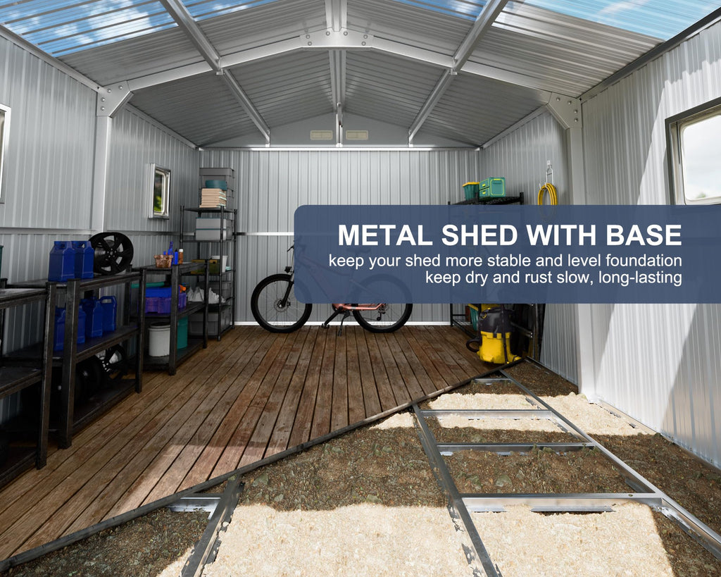 10x12 FT Metal Outdoor Storaged Shed with Floor Base Waterproof Heavy Duty Reinforced Frame with Unique Clear Roof Skyview Windows Air Vent for