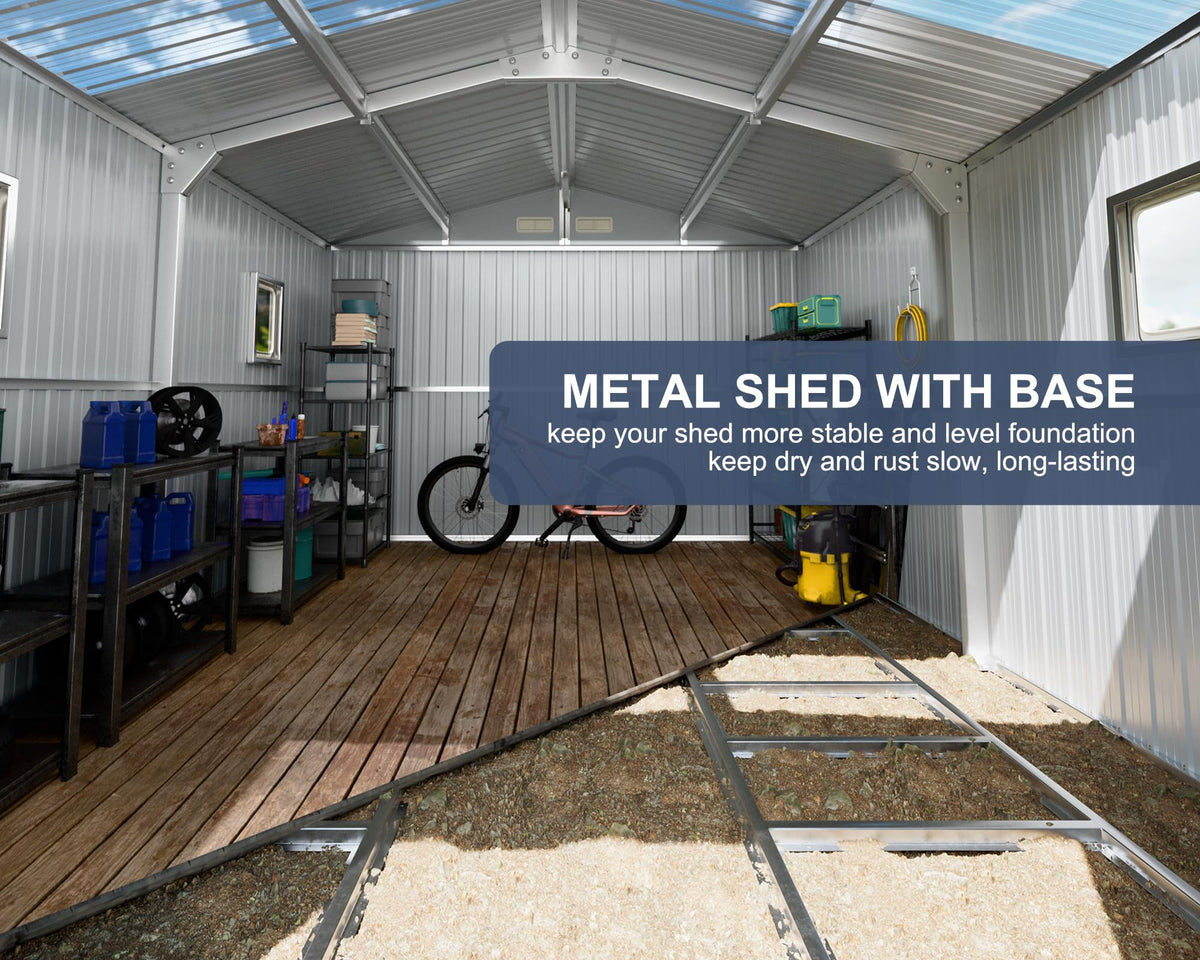 10x12 FT Metal Outdoor Storaged Shed with Floor Base Waterproof Heavy Duty Reinforced Frame with Unique Clear Roof Skyview Windows Air Vent for