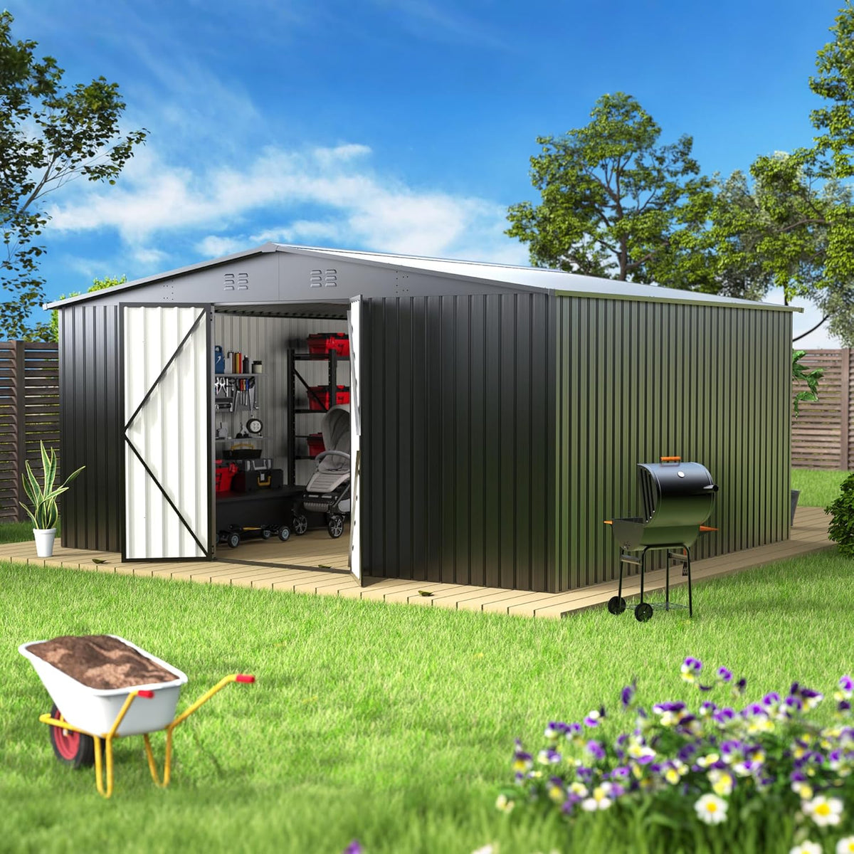 14 x 12FT Outdoor Storage Shed, Metal Waterproof Storage Shed Steel Utility Garden Tool Shed with Door & Lock Outdoor Storage,All-Weather Shelter for