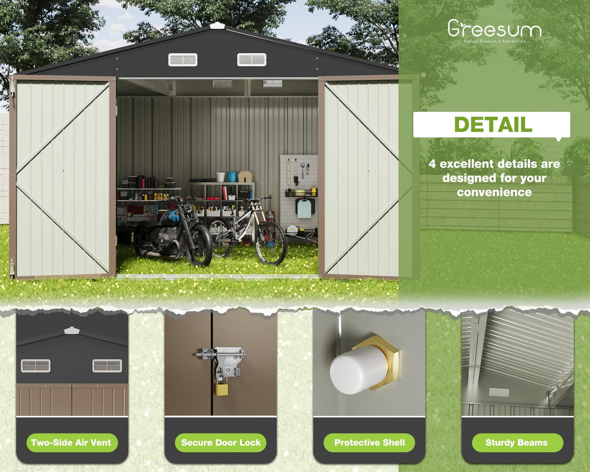 Greesum Outdoor Storage Shed 6 x 8 ft. Utility Tool Shed Metal Storage Garden Shed with Door & Lock for Patio Storage, Brown