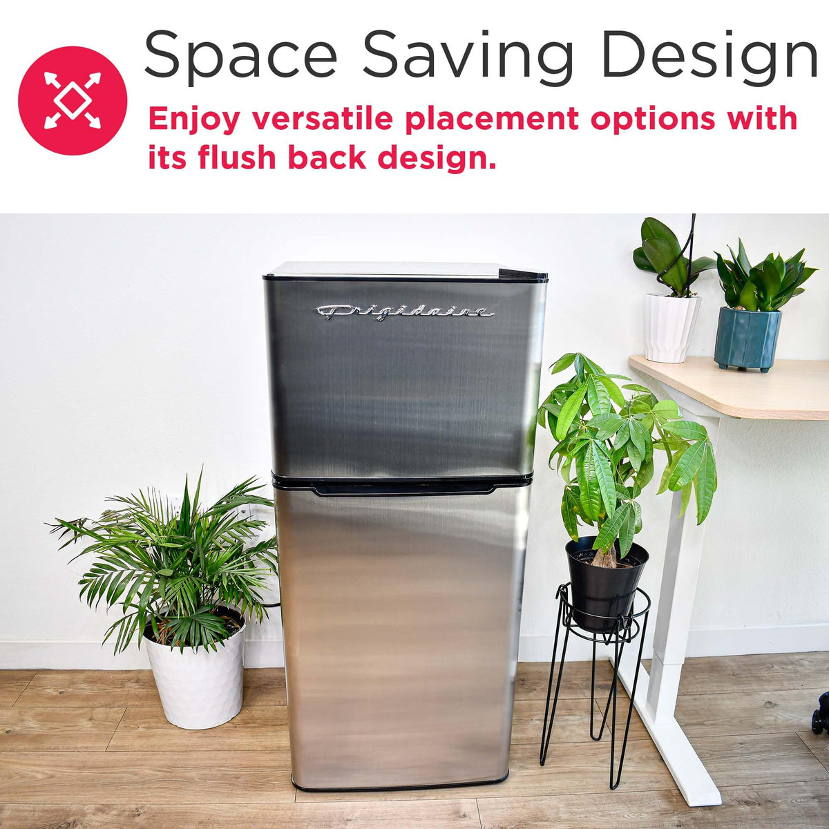Frigidaire, 2 Door Apartment Size Refrigerator with Freezer, 7.5 cu ft, Adjustable Spill-Proof Shelves, Door & Crisper Bins, Platinum Silver, Garage