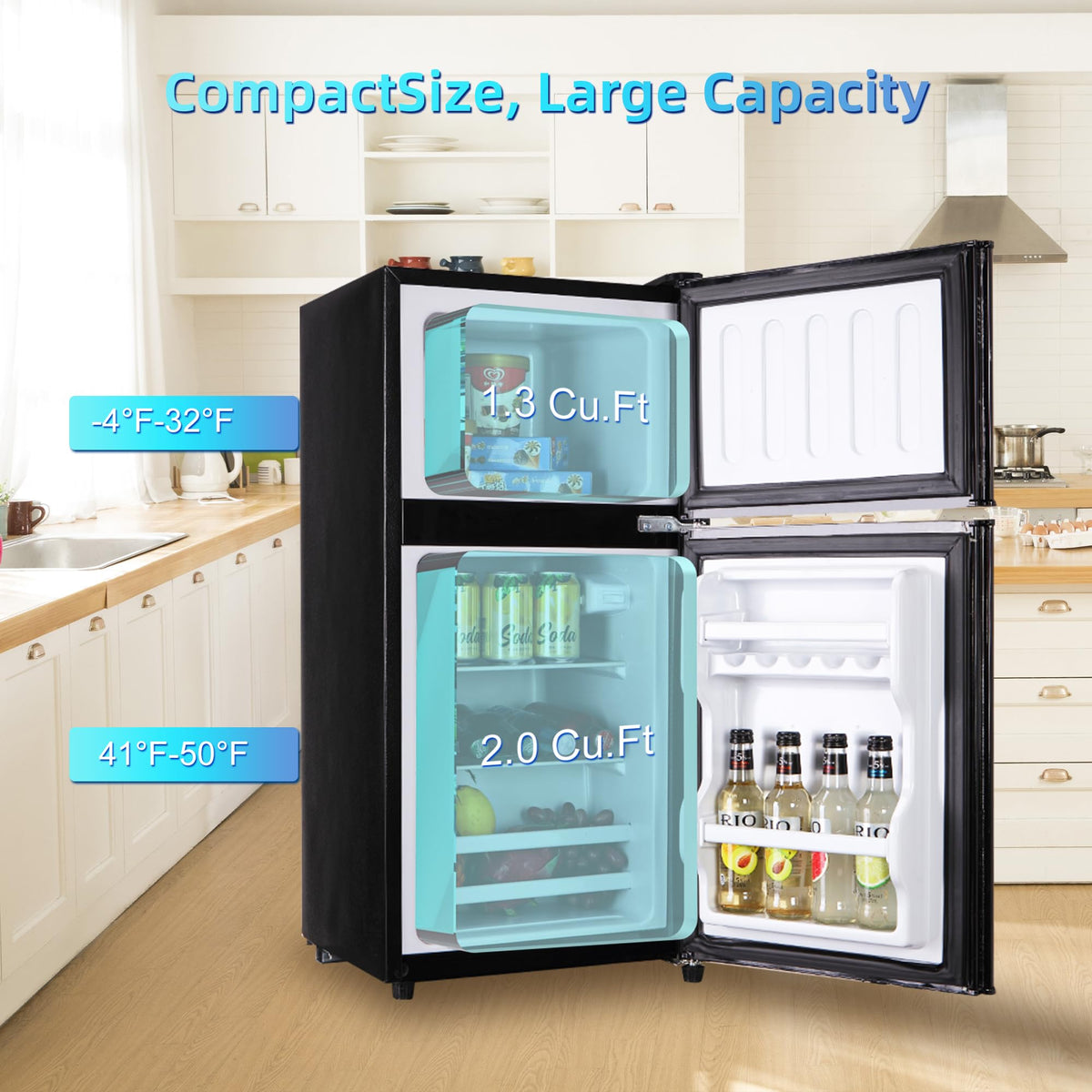3.3 Cu. Ft. Mini Fridge with Freezer, Compact Refrigerator with Adjustable 7-Level Thermostat, Dorm Fridge for Kichen, RV, Office, Apartment, Black