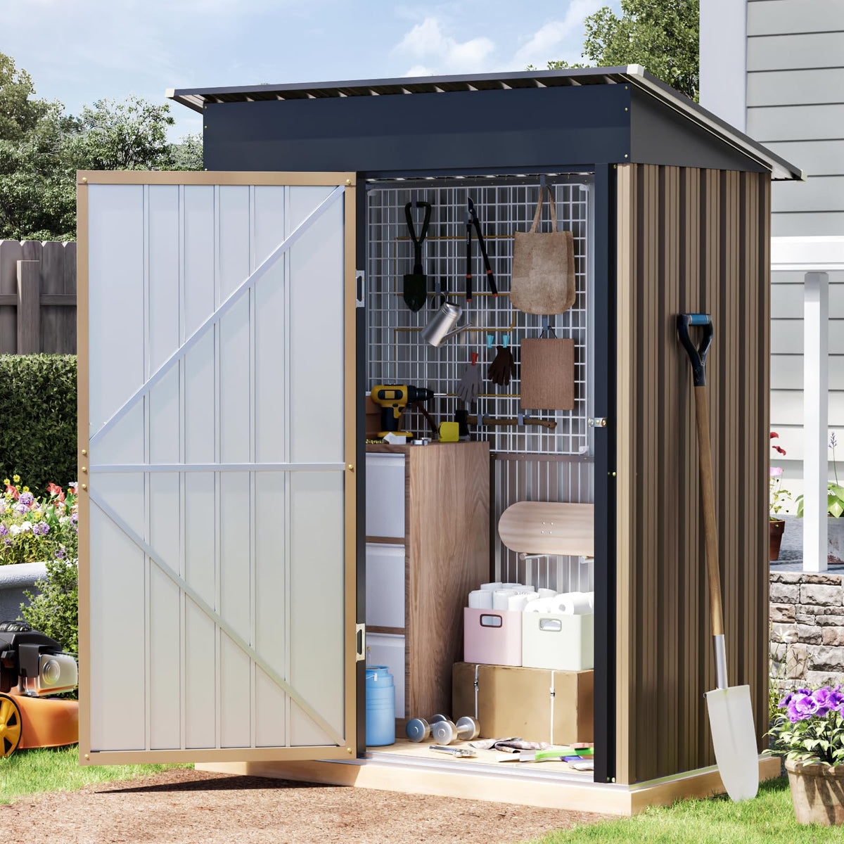 10x10 FT Outdoor Metal Storage Shed, Double Swing Doors, 2 Clear Windows,Tool Shed for Garden, Patio, Backyard Nightblue