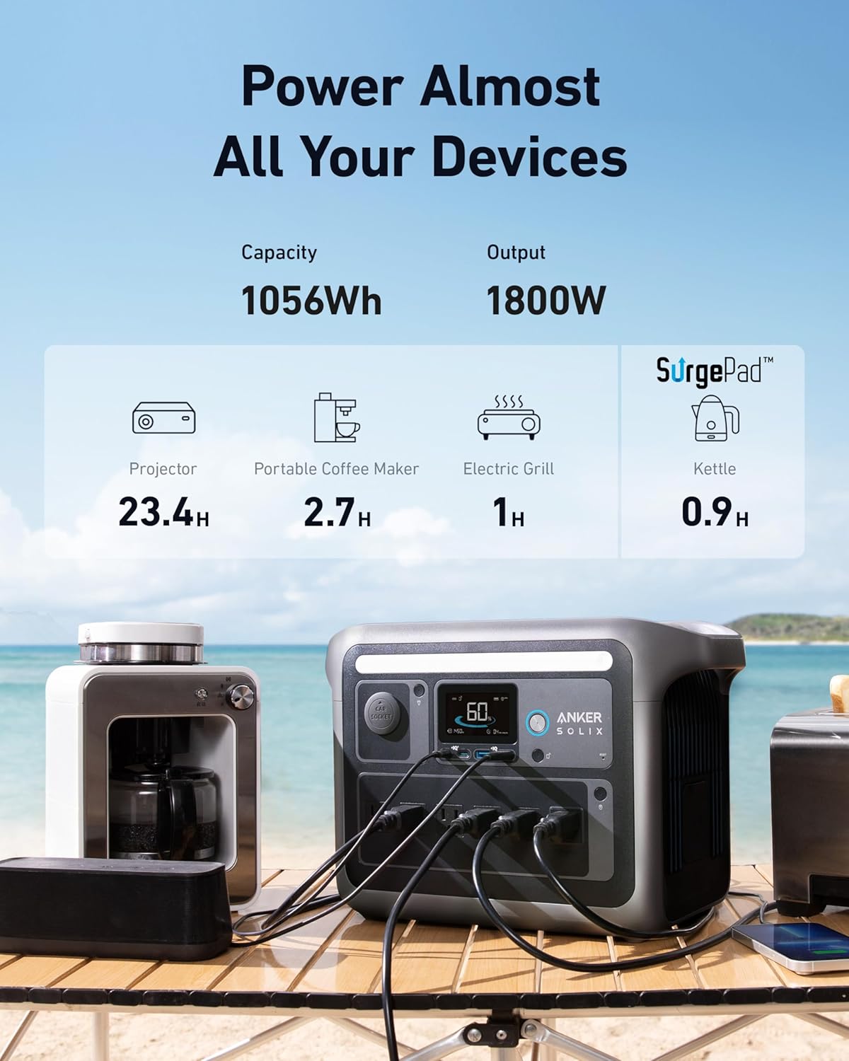 Anker SOLIX C1000 Portable Power Station, 1800W (Peak 2400W) Solar Generator, Full Charge in 58 Min, 1056wh LiFePO4 Battery for Home Backup, Power