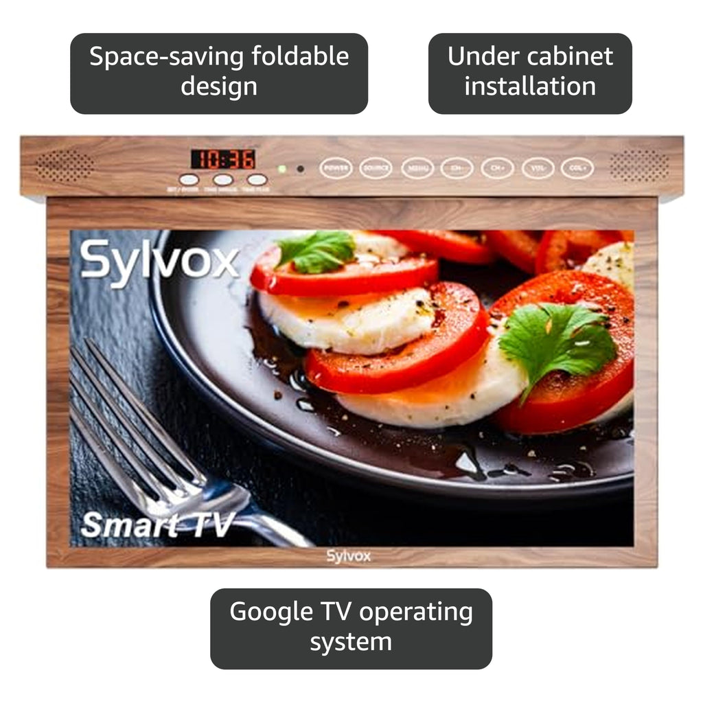 SYLVOX 15.6" Under Cabinet Smart TV C 360 Rotation, 90 Flip-Down Screen, Wireless Connectivity, Space-Saving Design for Kitchen, Bedroom, or RV.