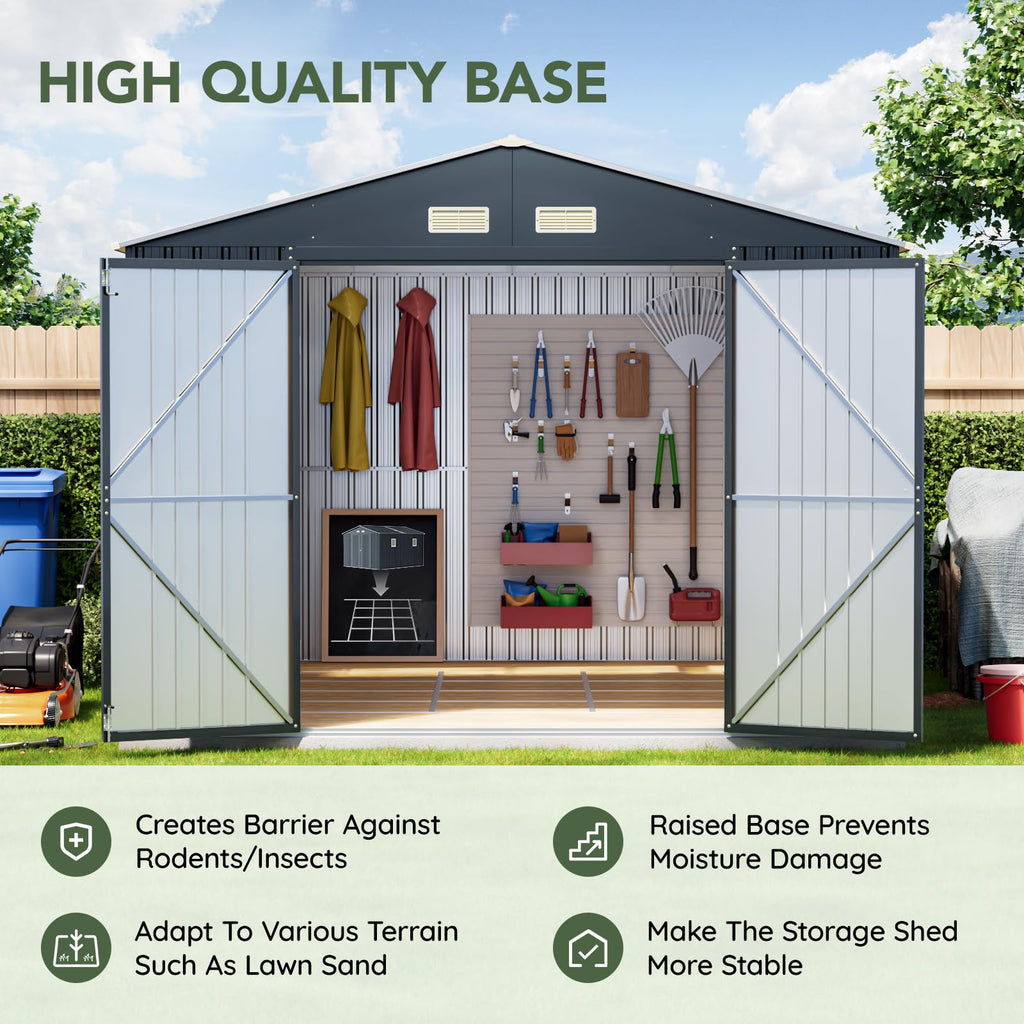 10x10 FT Outdoor Metal Storage Shed, Double Swing Doors, 2 Clear Windows,Tool Shed for Garden, Patio, Backyard Nightblue