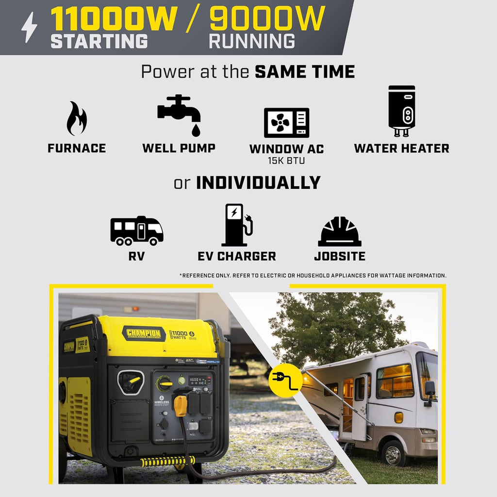 Champion Power Equipment 11,000-Watt Wireless Remote Start Home Backup Portable Inverter Generator with Quiet Technology and CO Shield