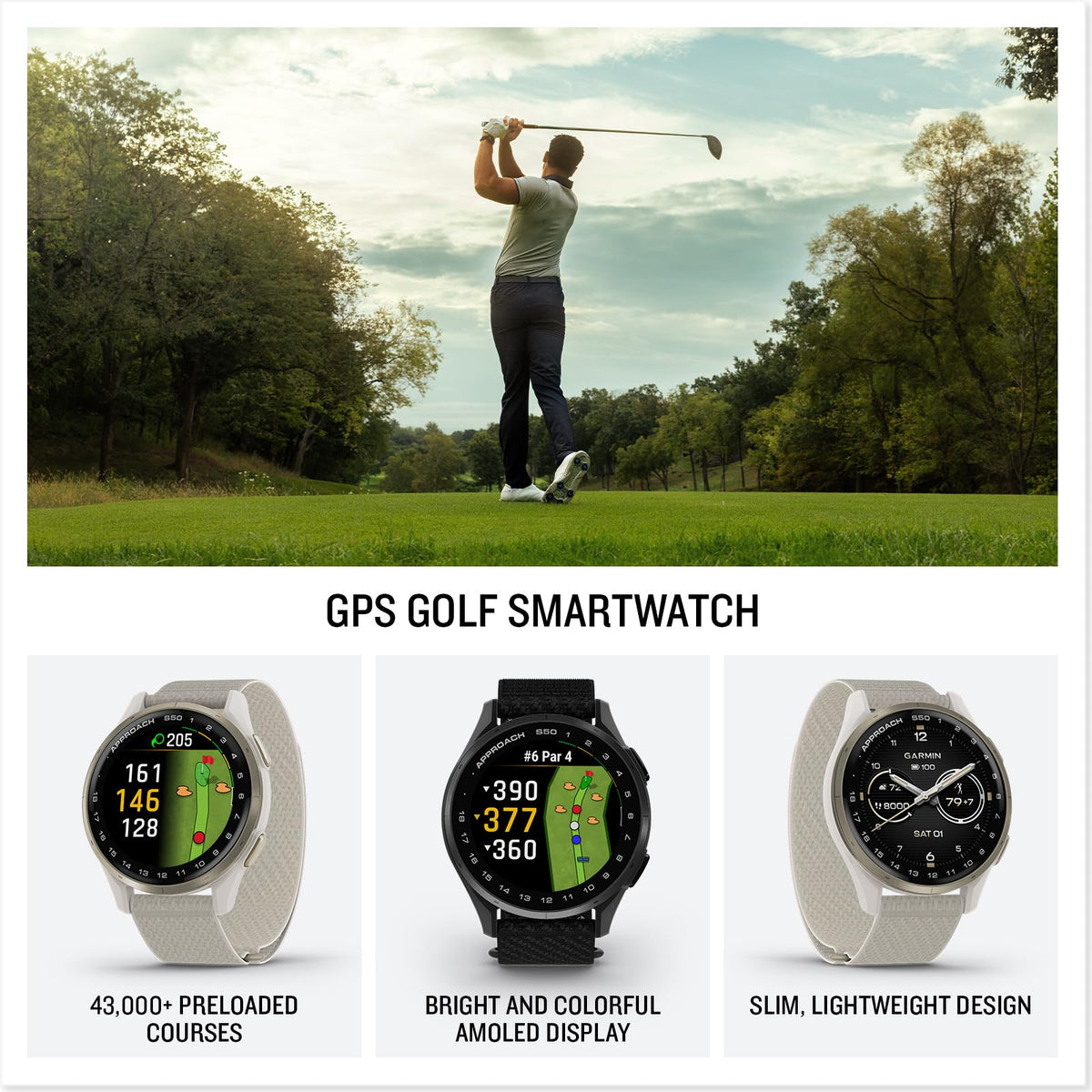 Garmin Approach® S44, Essential Golf GPS Smartwatch, AMOLED Display, On-Course Features, Silver Aluminum Bezel with Black Silicone Band