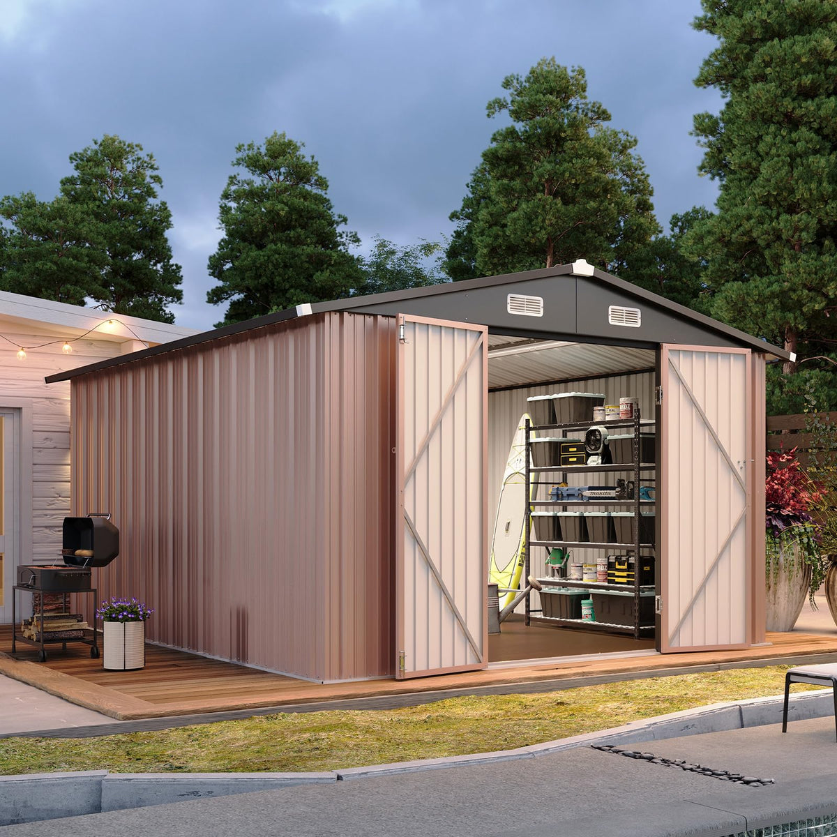 Aoxun 7.4x5.3FT Shed with Floor Galvanized Steel Outdoor Storage Shed Metal Garden Shed with Double Doors, 15mm Moisture-Proof Floor & Ventilation