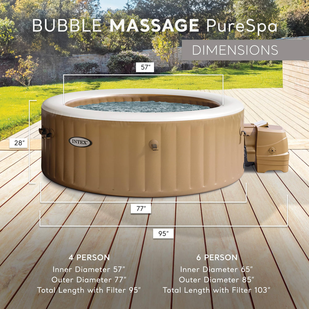 INTEX 28425EH PureSpa Bubble Massage Spa Set Outdoor Inflatable Portable Hot Tub, Includes Energy Efficient Spa Cover, Saltwater System Ready, 4