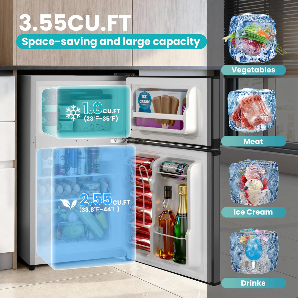 Double Door Refrigerator with Freezer, 3.5 Cu.Ft, Small Fridge with Freezer, 7 Settings Temperature Adjustable, Mini Refrigerator for Office Dorm