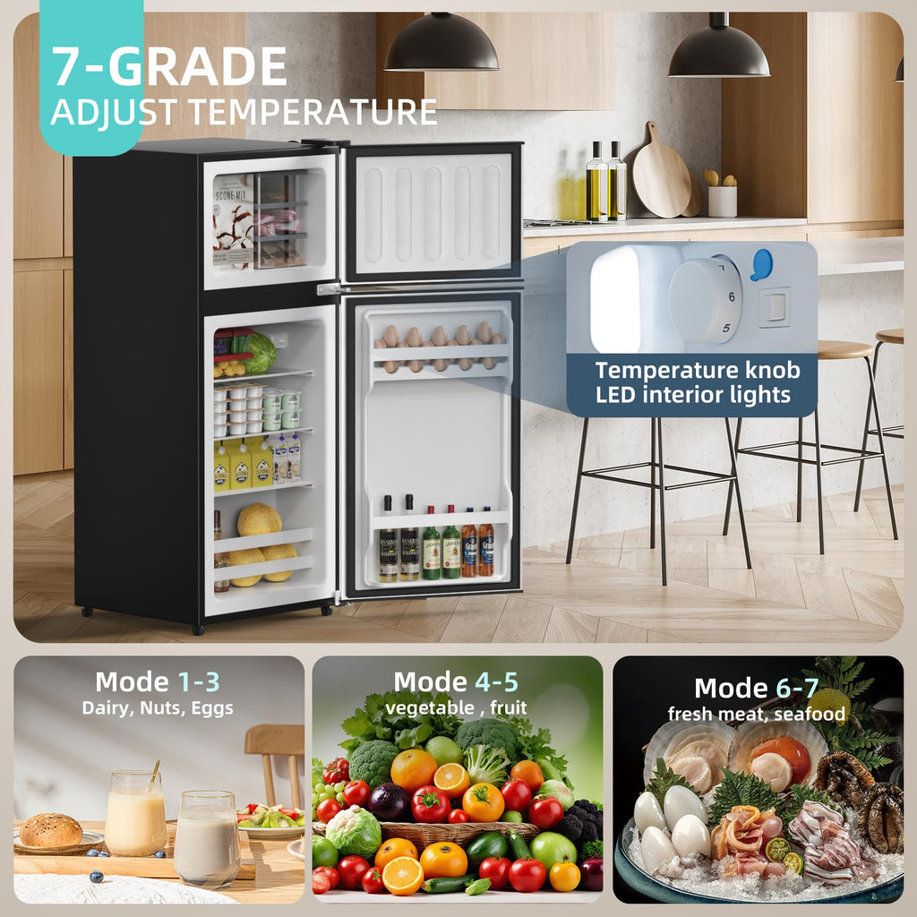 2.9 Cu.Ft Compact Double Door Mini Fridge - Top Freezer & Bottom Refrigerator | Energy Save,7-Level Precision Cooling | Ideal for Dorm, Bedroom