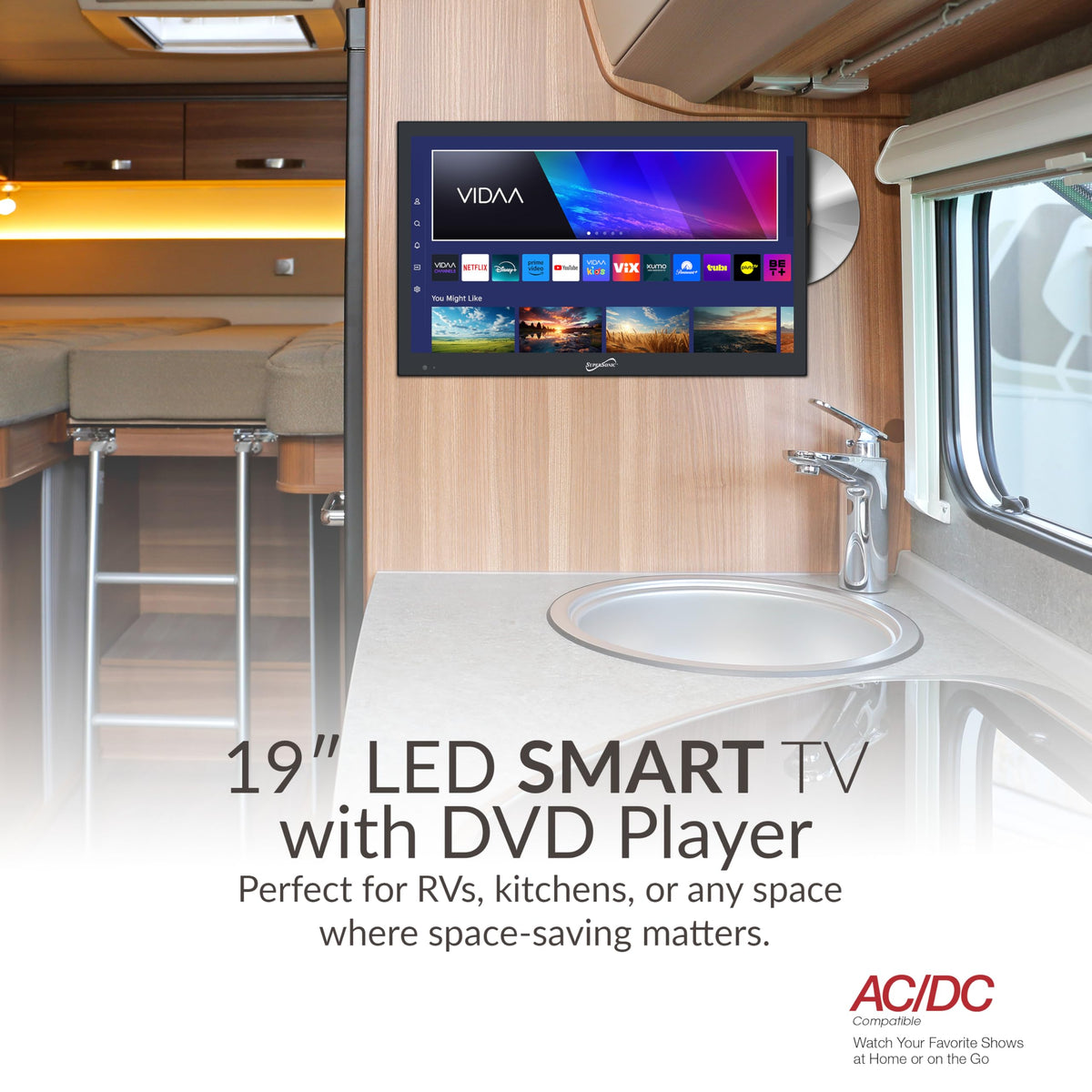 Supersonic SC-1926DVD 19-inch LED Smart HDTV w/DVD Player, 3X HDMI, 1080p, WiFi, USB, AC/DC Compatible for Home, Kitchen, or RV Camper, DC Car Cord
